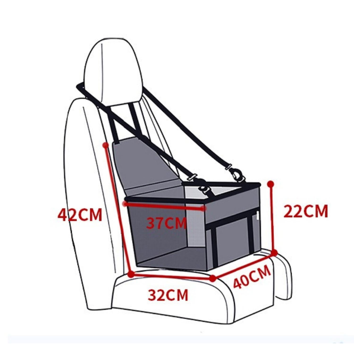 Diagram van een autostoel voor honden met afmetingen in centimeters