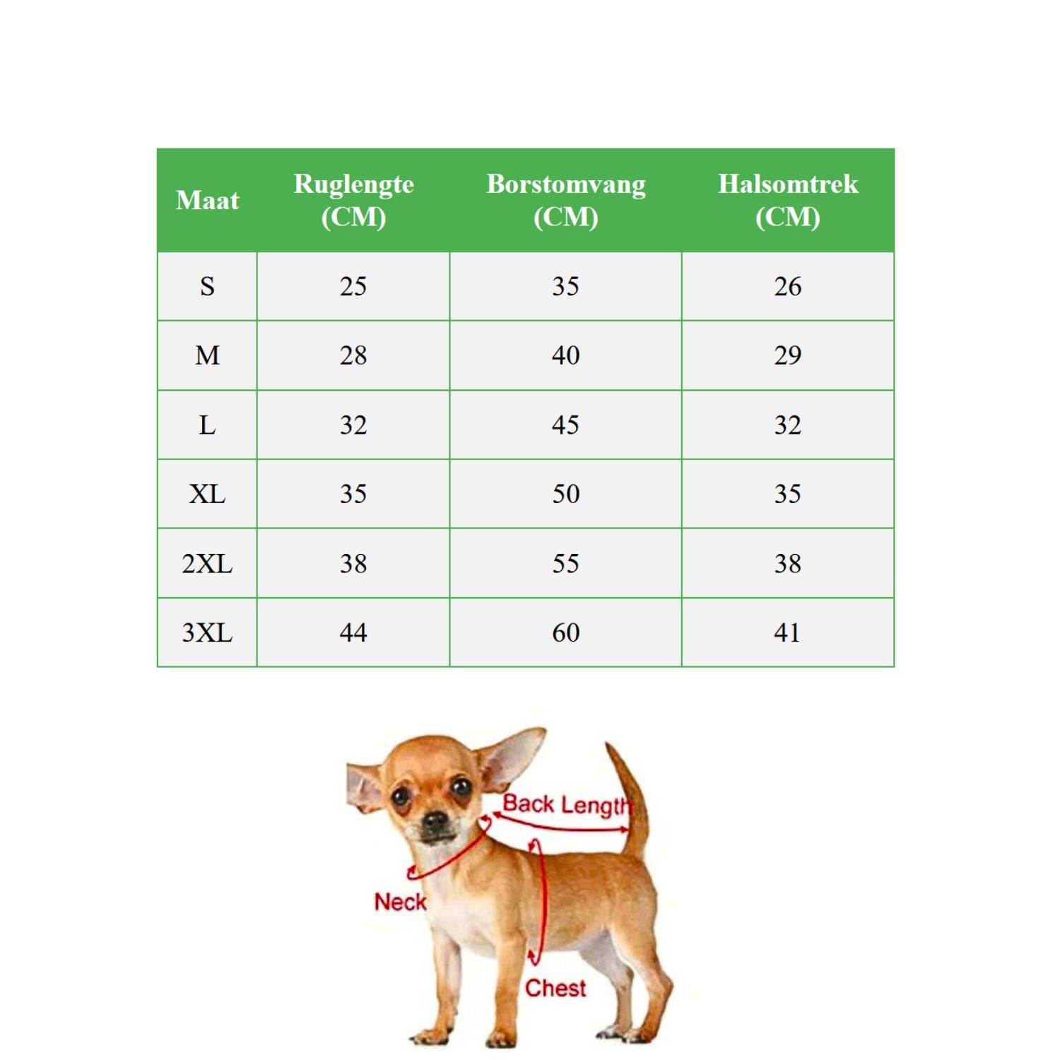 Gezellige hondenjas maat tabel