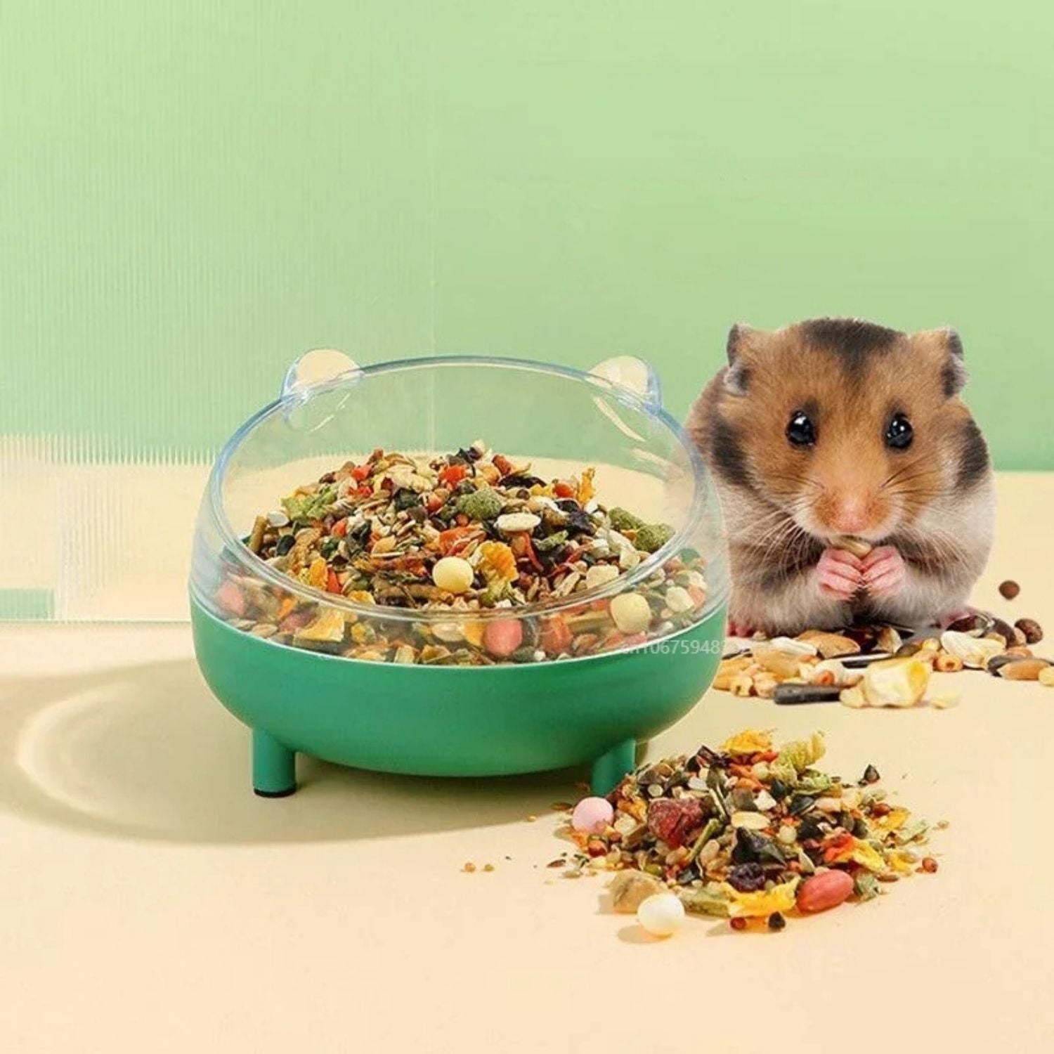 Hamster Antikantel Rijstkom hamster met voer en groene achtergrond