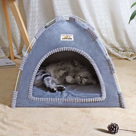 Hond Kat Tent Opvouwbaar grijs met borstelrand en invulling