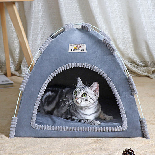 Hond Kat Tent Opvouwbaar grijs met borstelrand en kat in huis