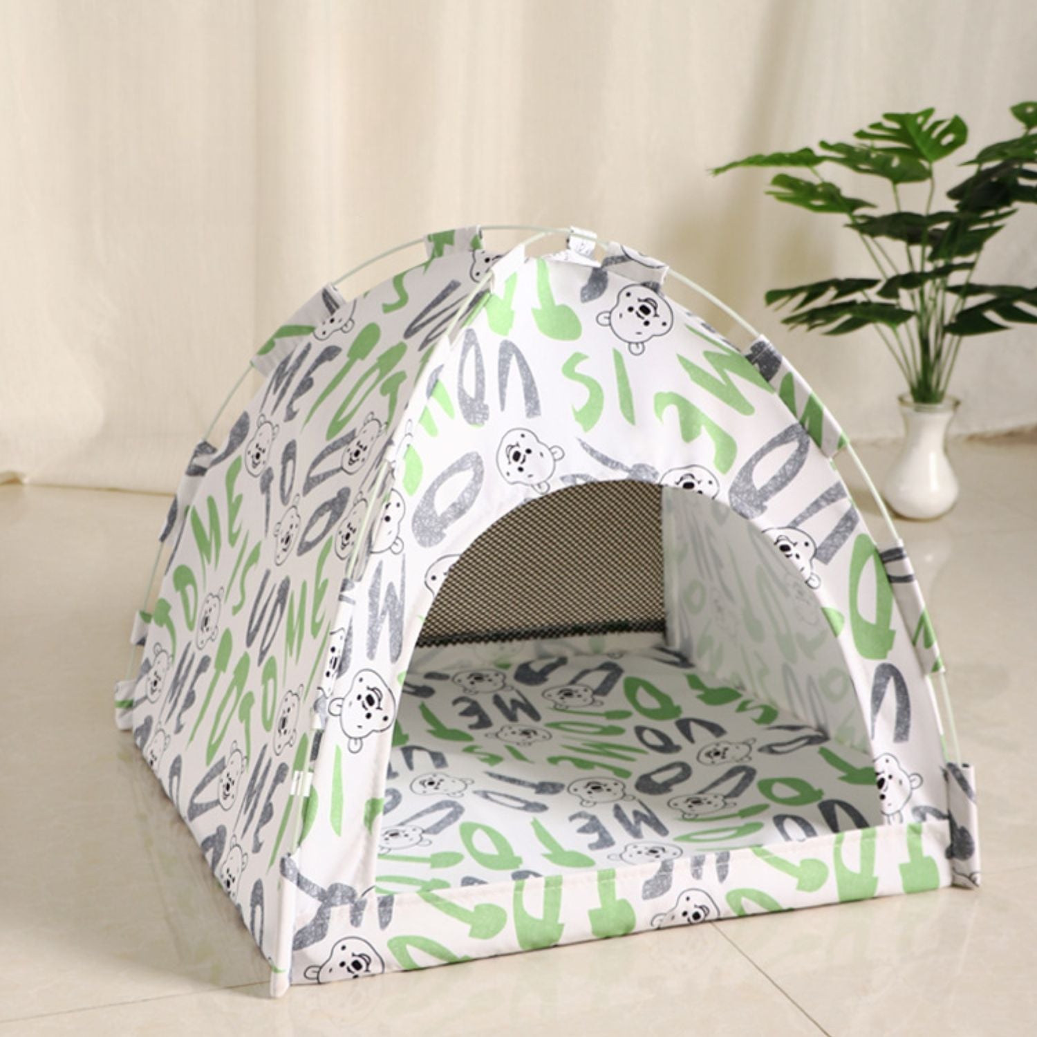 Hond Kat Tent Opvouwbaar groen met geschreven prints
