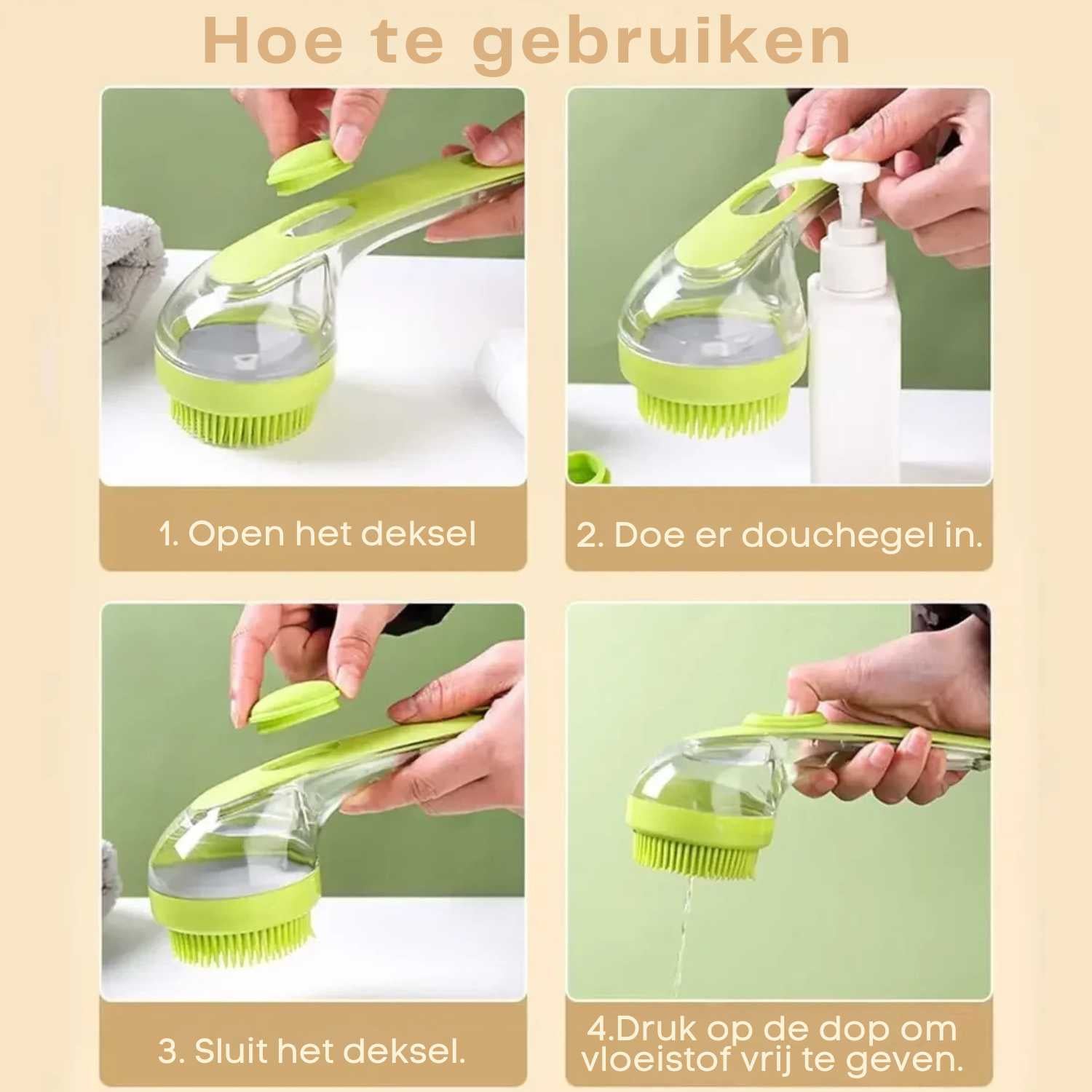 Honden Shampoo Borstel gebruiksborstel met zeepreservoir instructie weergave