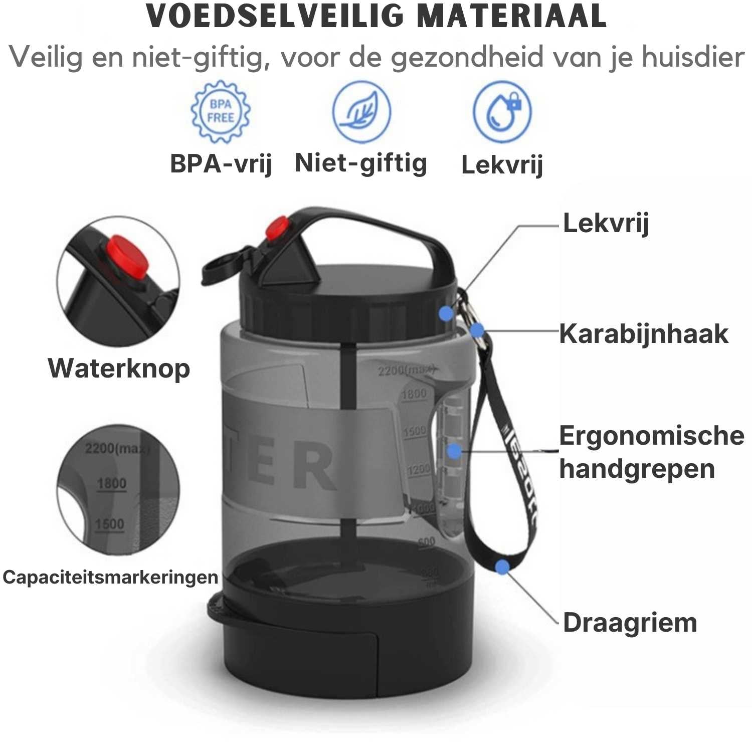 Hondenfles 2.2L Groot 2in1 hondenwaterdispenser met knop en drinkbak