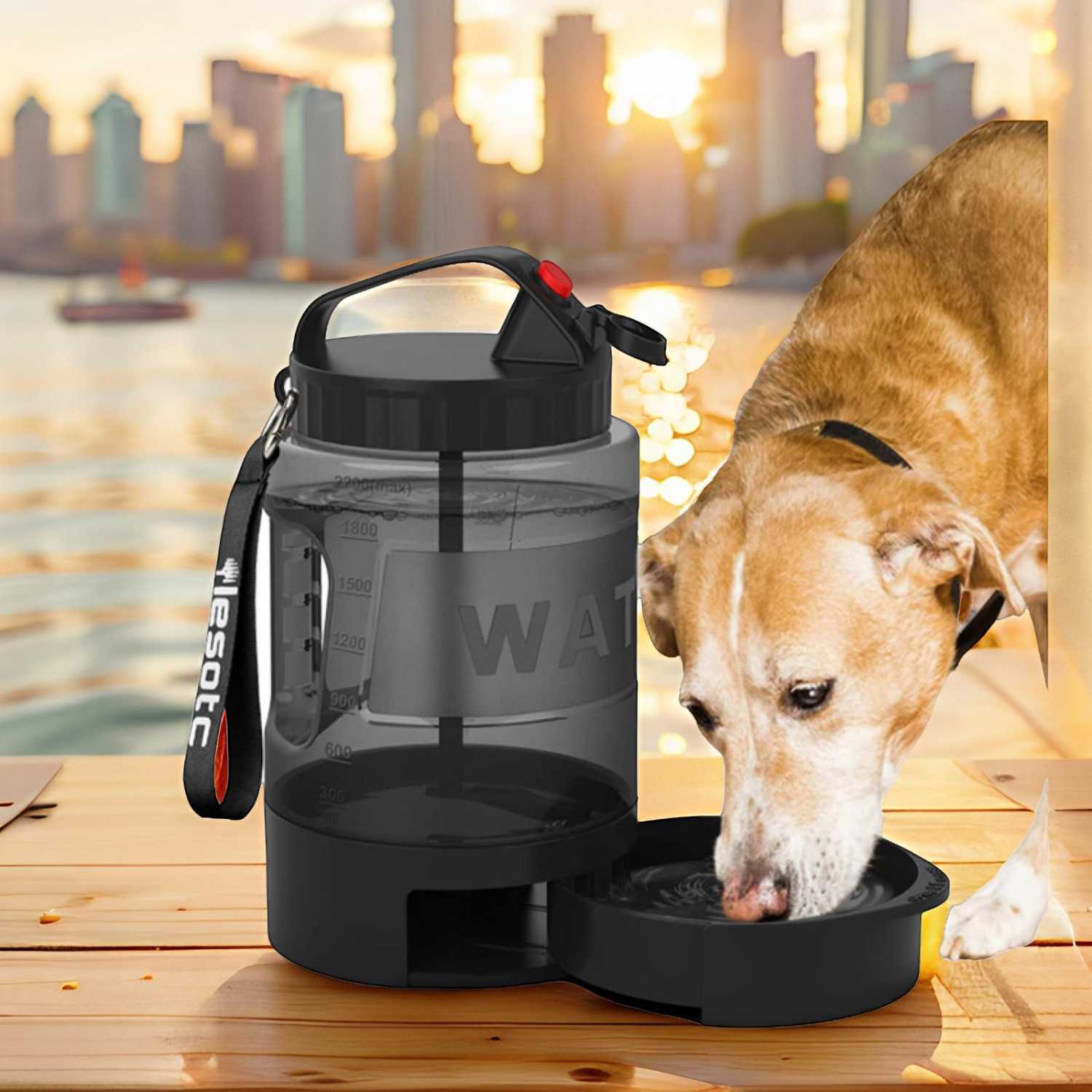 Hondenfles 2.2L Groot hond drinkt uit waterdispenser bij waterfront