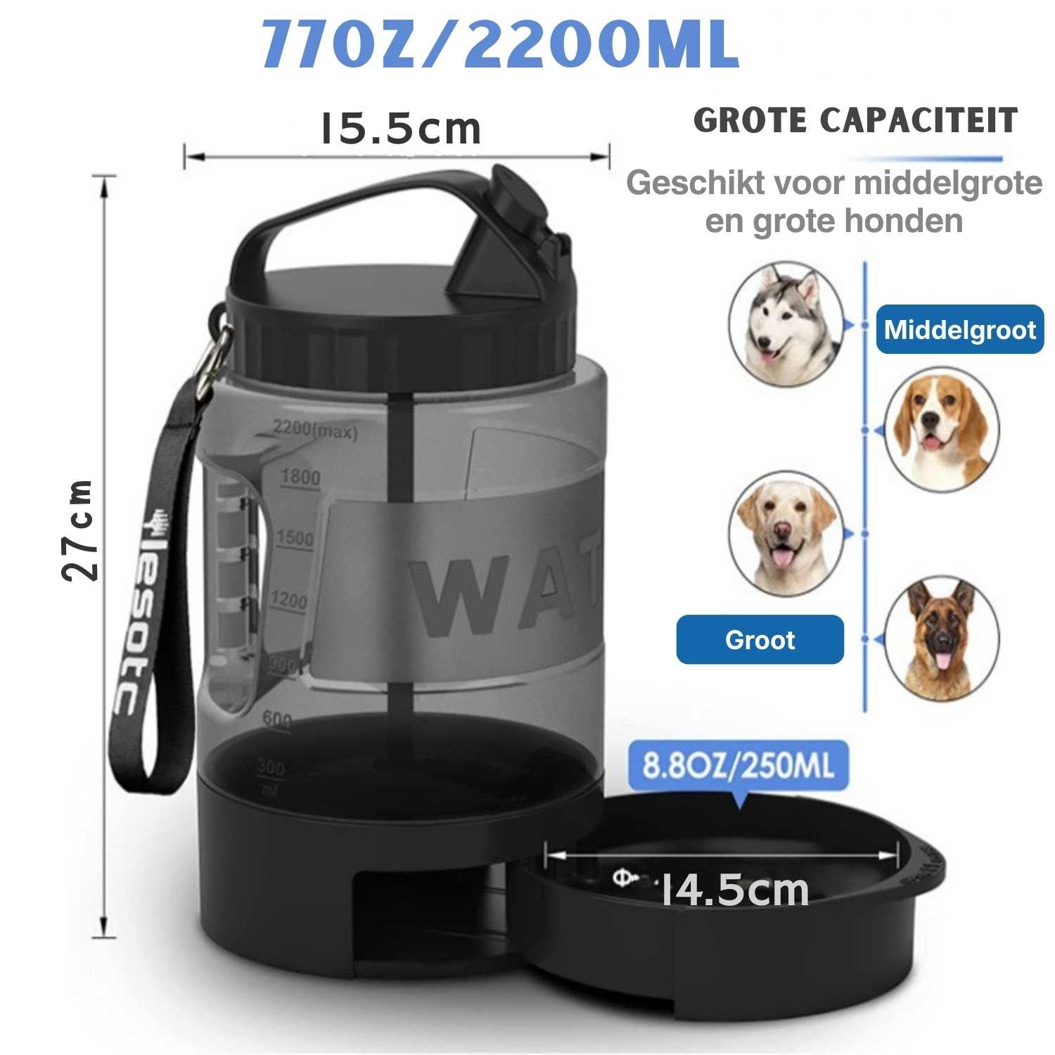 Hondenfles 2.2L Groot lekvrije honden waterdispenser met capaciteitmarkering