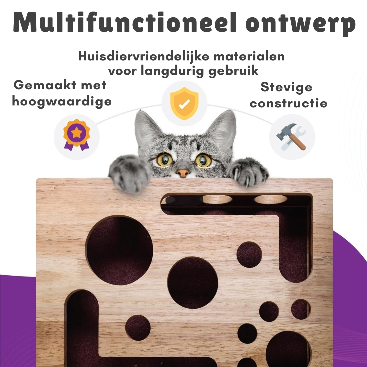 Houten Katten Doolhof Box kat met houten puzzel nagelvijl speelbox