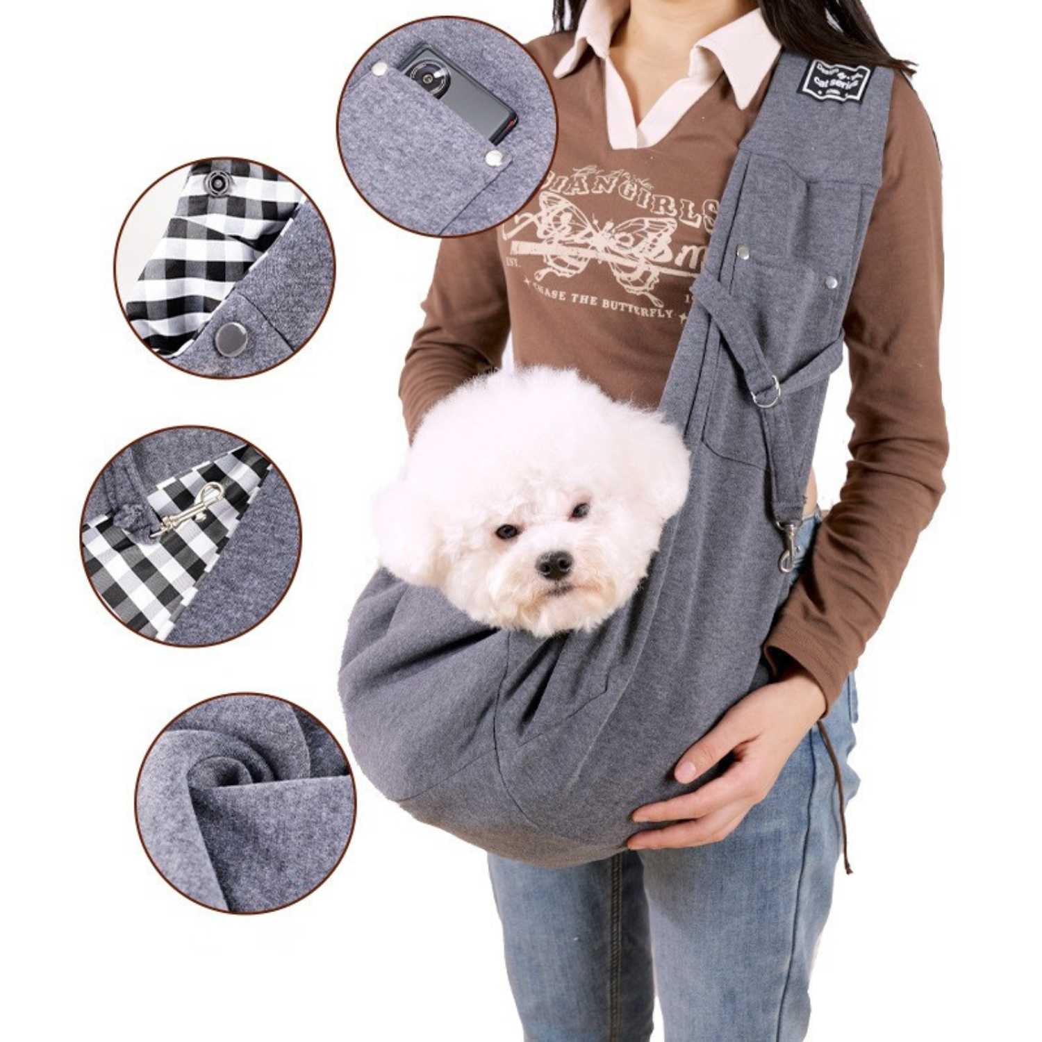 Huisdier Crossbody Tas grijze sling draagtas met details en kleine hond