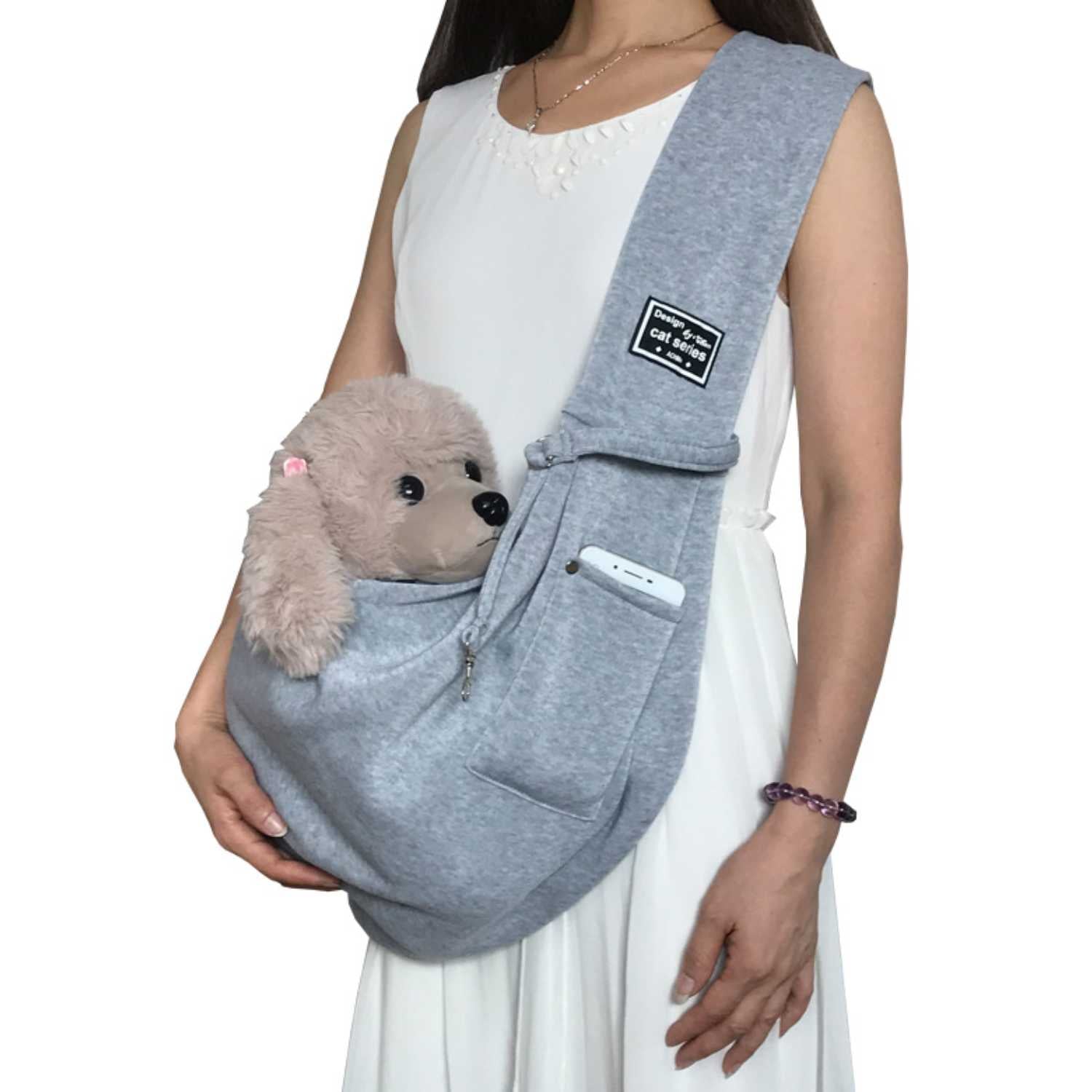 Huisdier Crossbody Tas grijze sling draagtas met pluche hond en voorvak