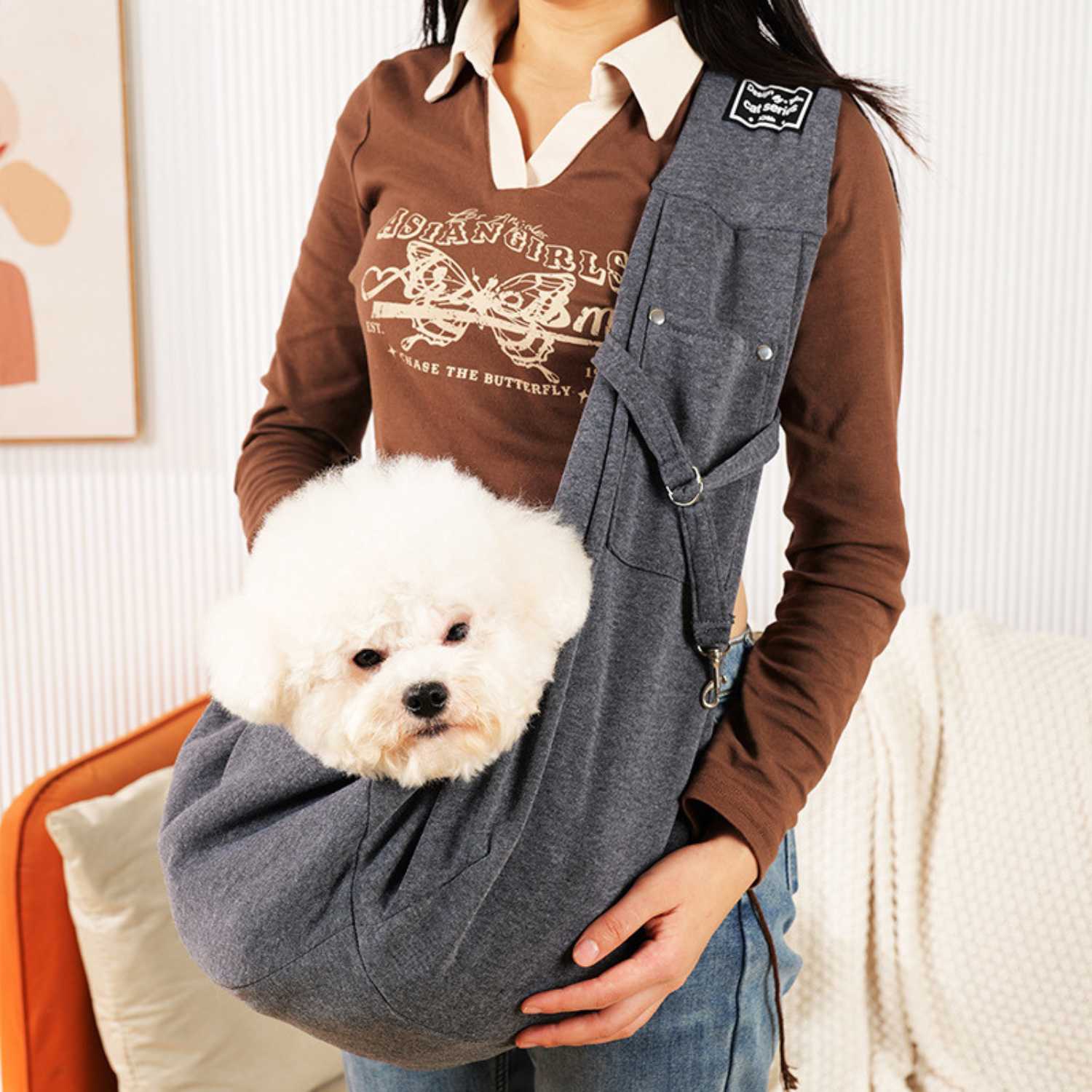 Huisdier Crossbody Tas grijze sling draagzak voor kleine honden en katten
