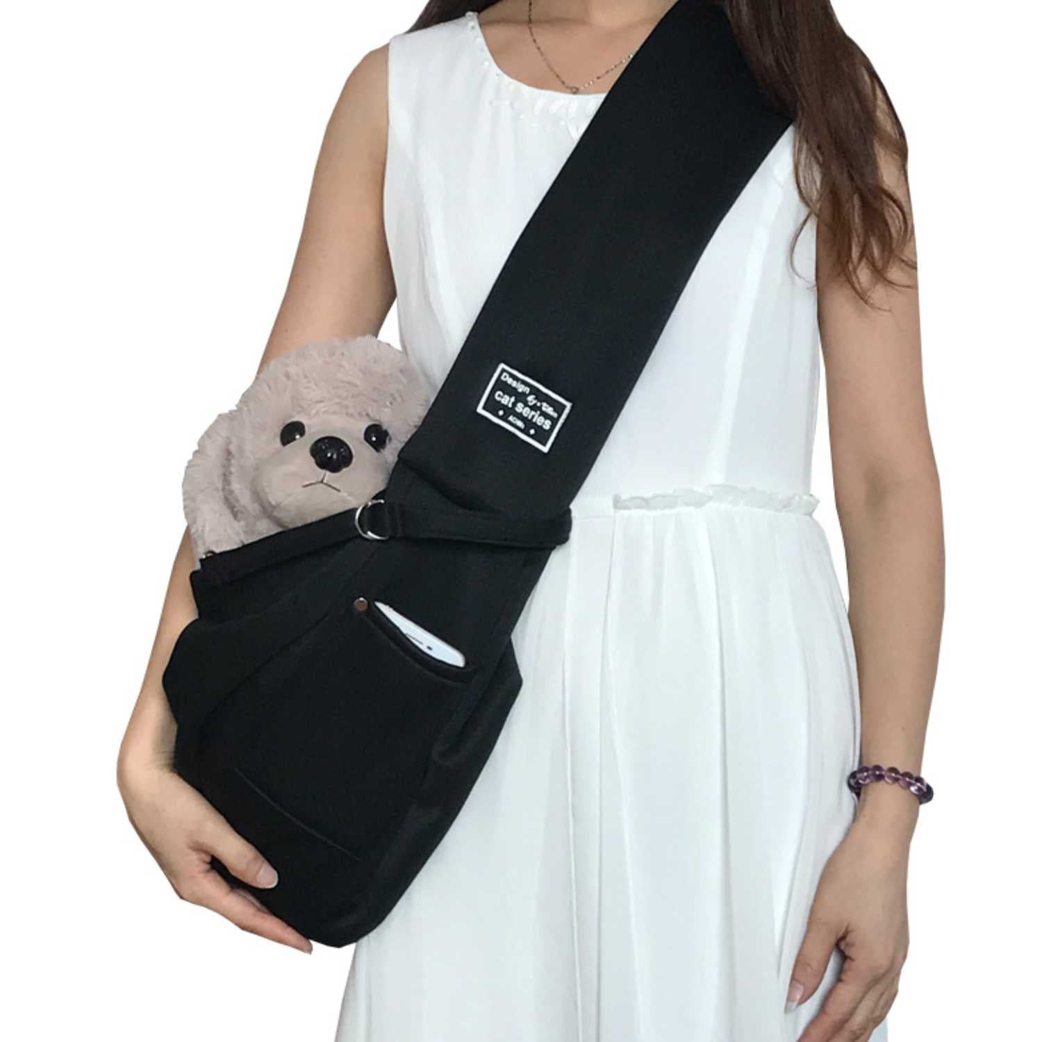 Huisdier Crossbody Tas zwarte sling draagtas met pluche hond demonstratie