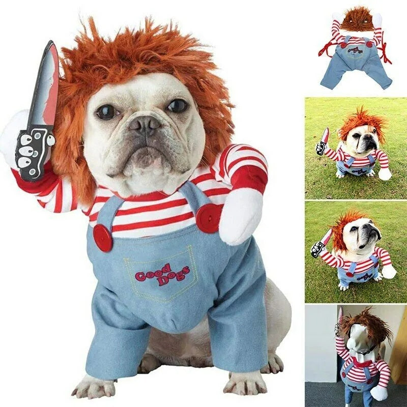 Voorbeeld van Chucky kostuum bij hond