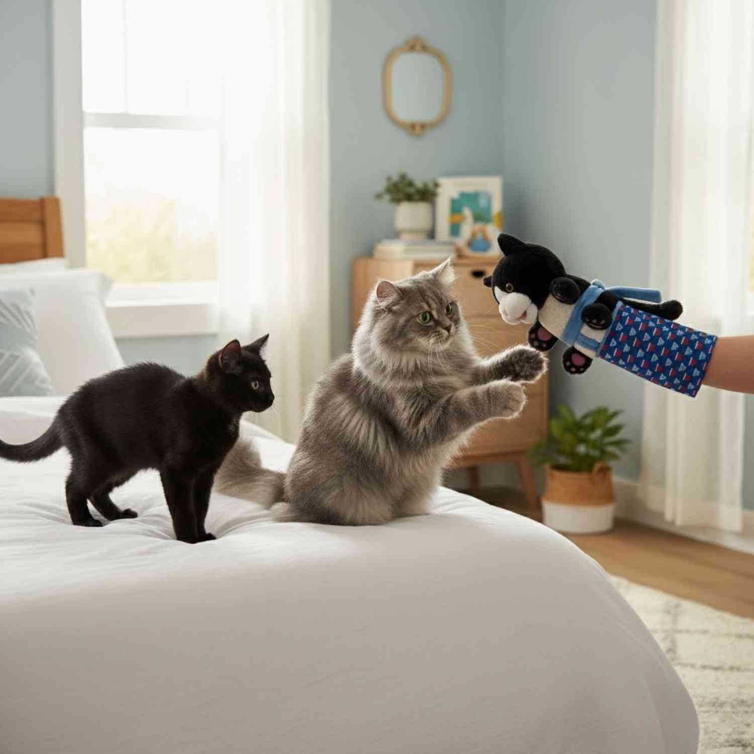 Kattenhandschoen Pop Speelset speelse kat met kattenpop speelgoed op bed