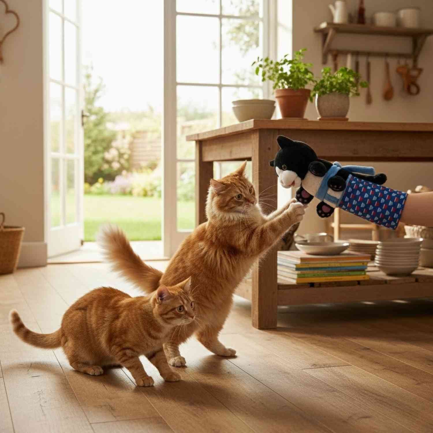 Kattenhandschoen Pop Speelset twee rosse katten speels met kattenpop handschoen