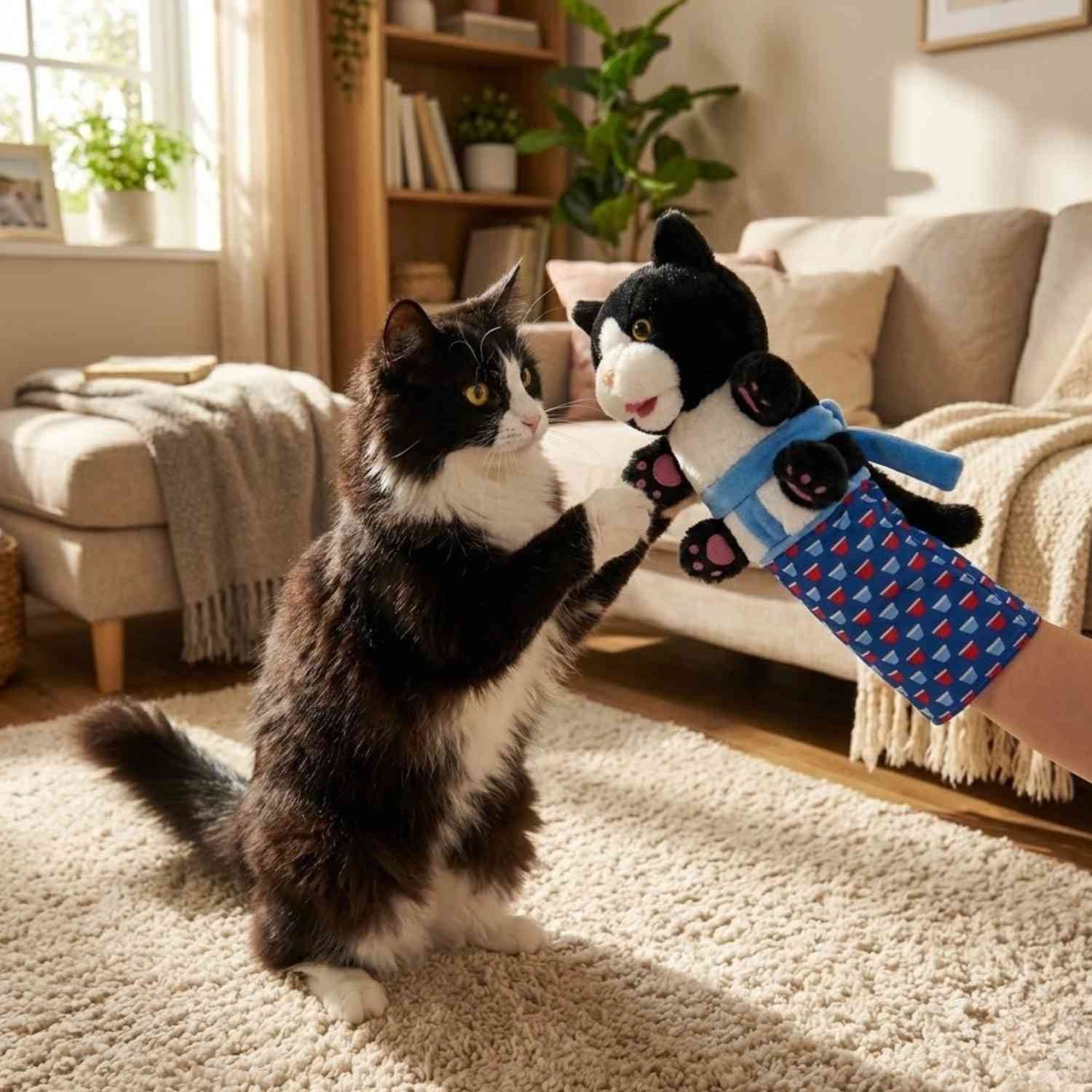 Kattenhandschoen Pop Speelset zwarte en witte kat speelt met kattenpop handschoen