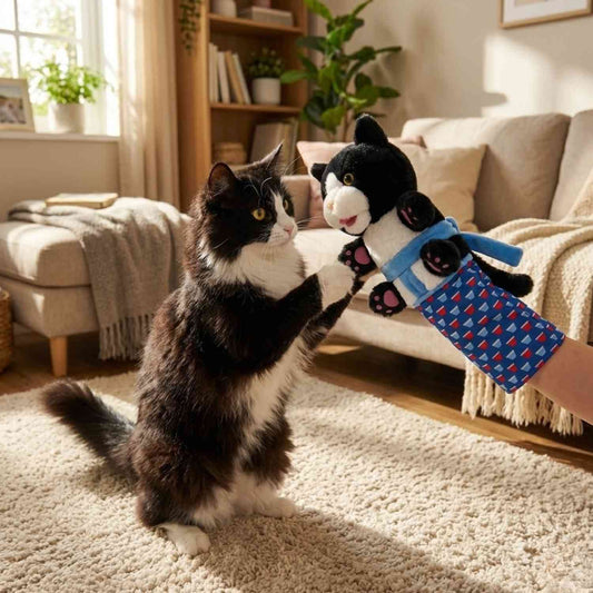 Kattenhandschoen Pop Speelset zwarte en witte kat speelt met kattenpop handschoen