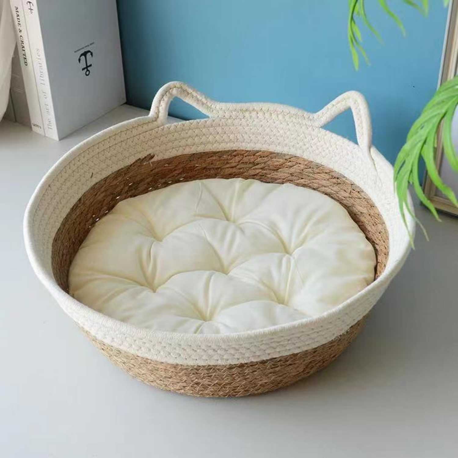 Krabmand Rattan Kat rattan kattenbed met kussen