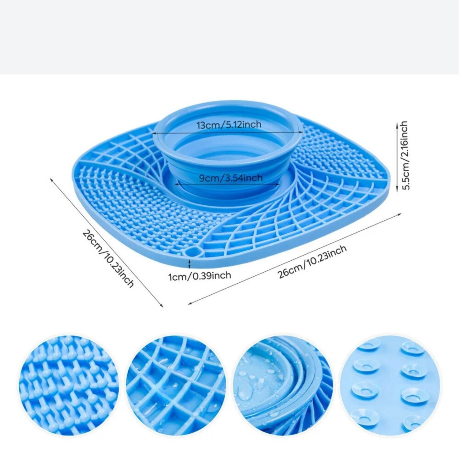 Langzame invoer Hondenmat blauwe likmat met maten en details
