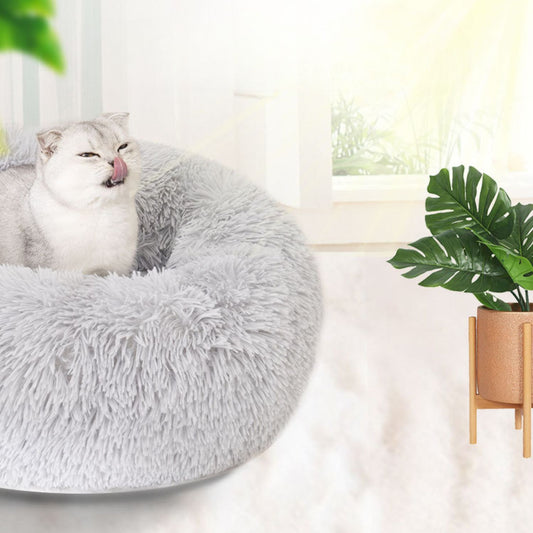 Pluche Rond Huisdierenhuis lichtgrijs pluche mand met zacht gevoel en planten