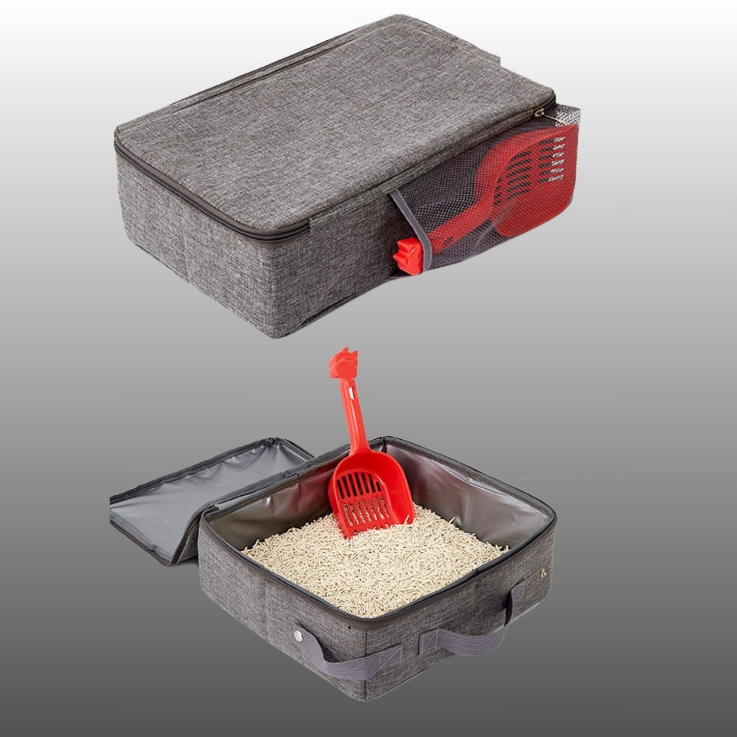 Reis Kat Toilet grijze opbergdoos met rode schep en kattenbakvulling