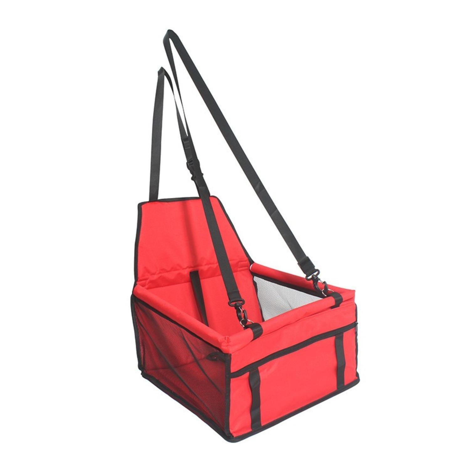 Rode autostoel voor honden met zwarte veiligheidsriemen