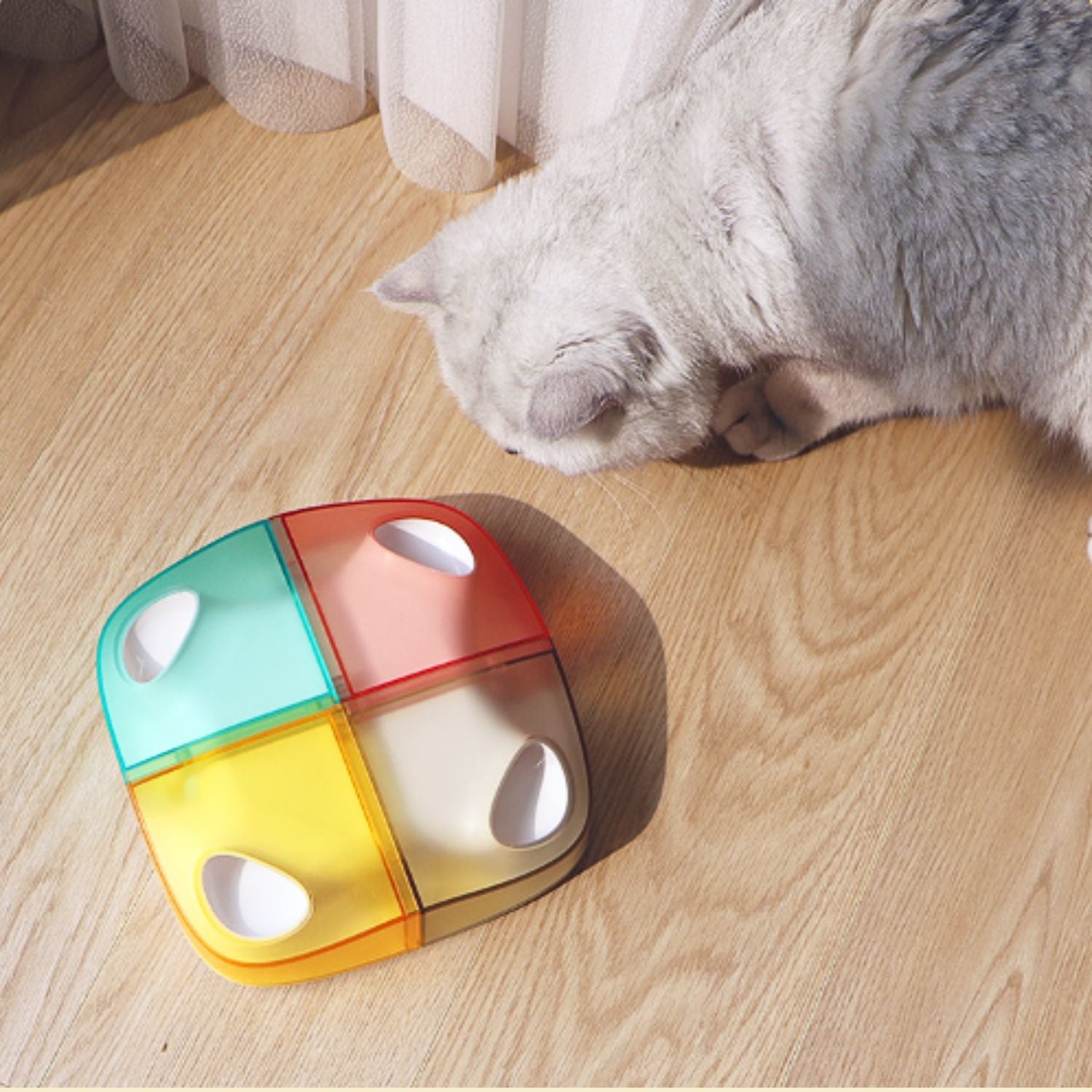 Slimme Kattenveer Speelgoed Curieuze kat gazend op vibrant puzzel speelgoed