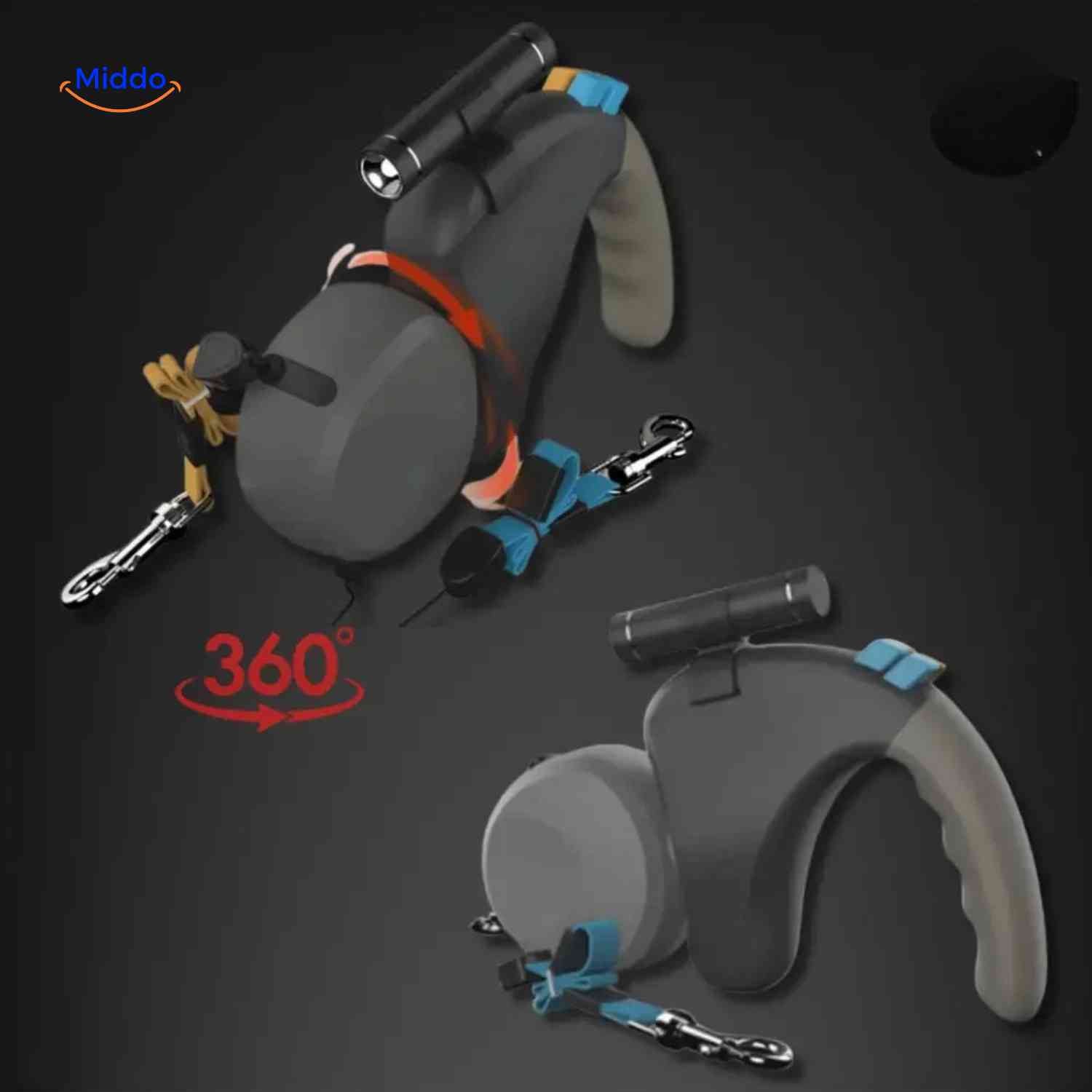 TweeTrek Hondenriem dual color handgreep en zaklamp www.middo.nl