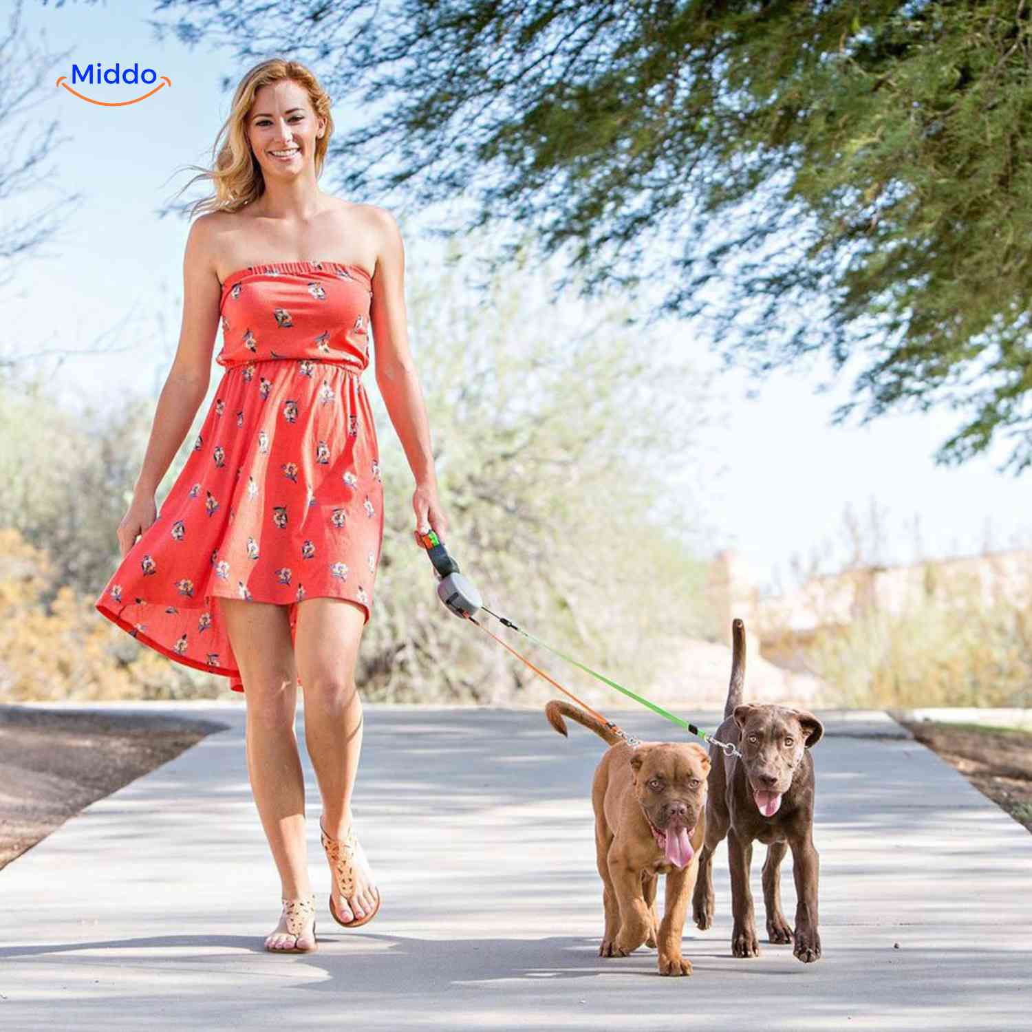 TweeTrek Hondenriem twee honden uitlaten buiten www.middo.nl