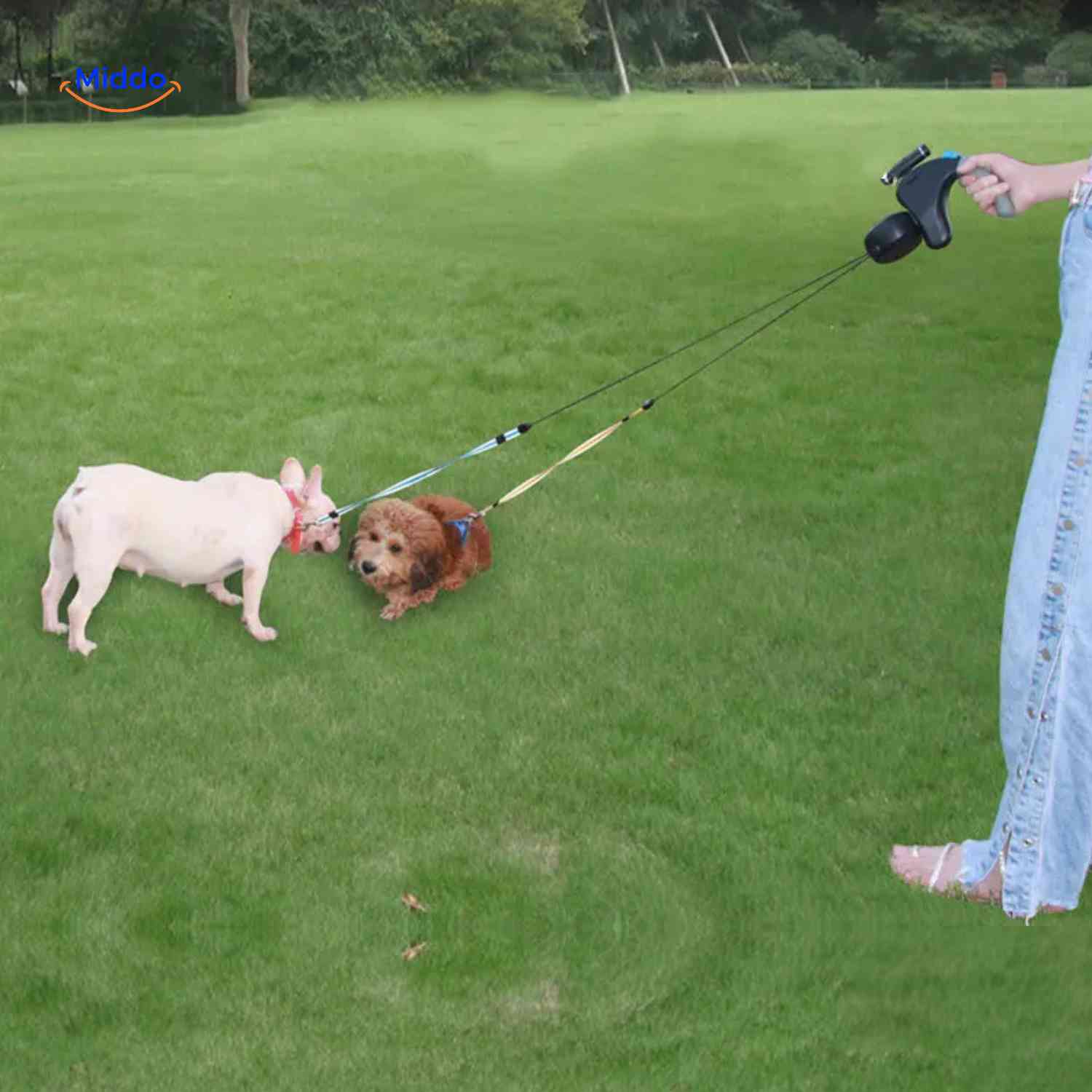 TweeTrek Hondenriem twee honden uitlaten grasveld www.middo.nl