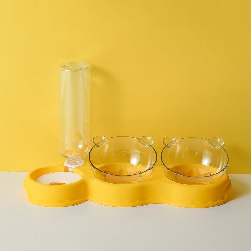Geel Voerbak en waterdispenser voor katten en kleine honden 3-in-1