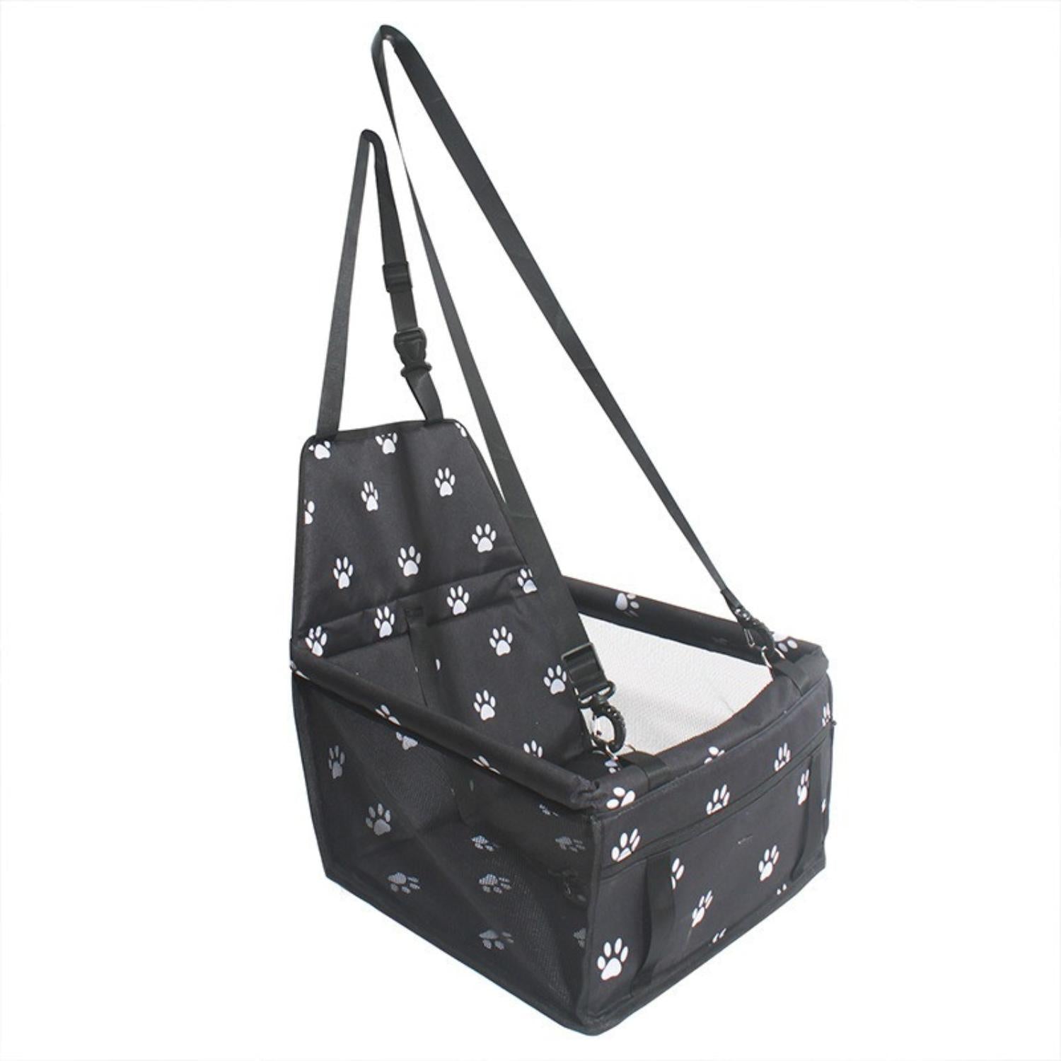 Zwarte autostoel voor honden met witte pootafdrukken