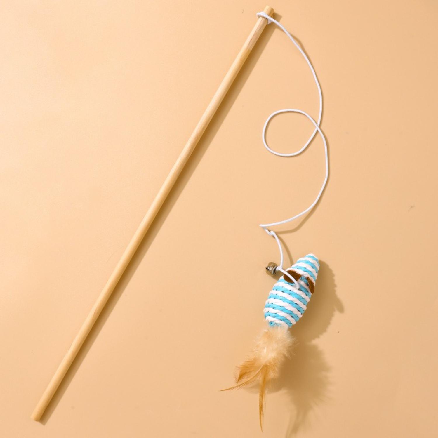 blauw gestreepte muis kattenhengel met veren