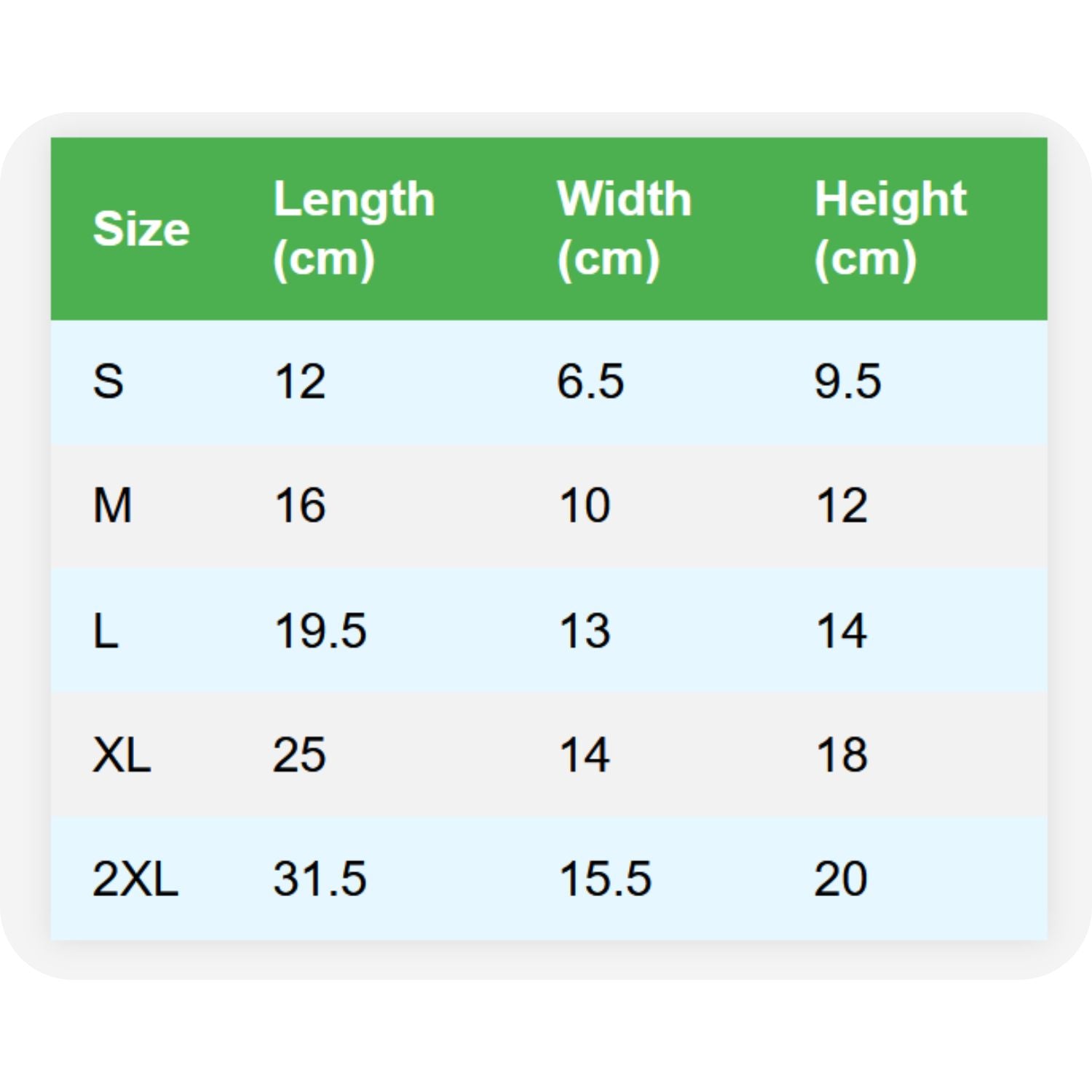 draagbare dieren reiszak maattabel