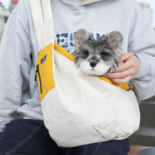 draagtas schoudertas groot wit geel model met hondje comfortabel