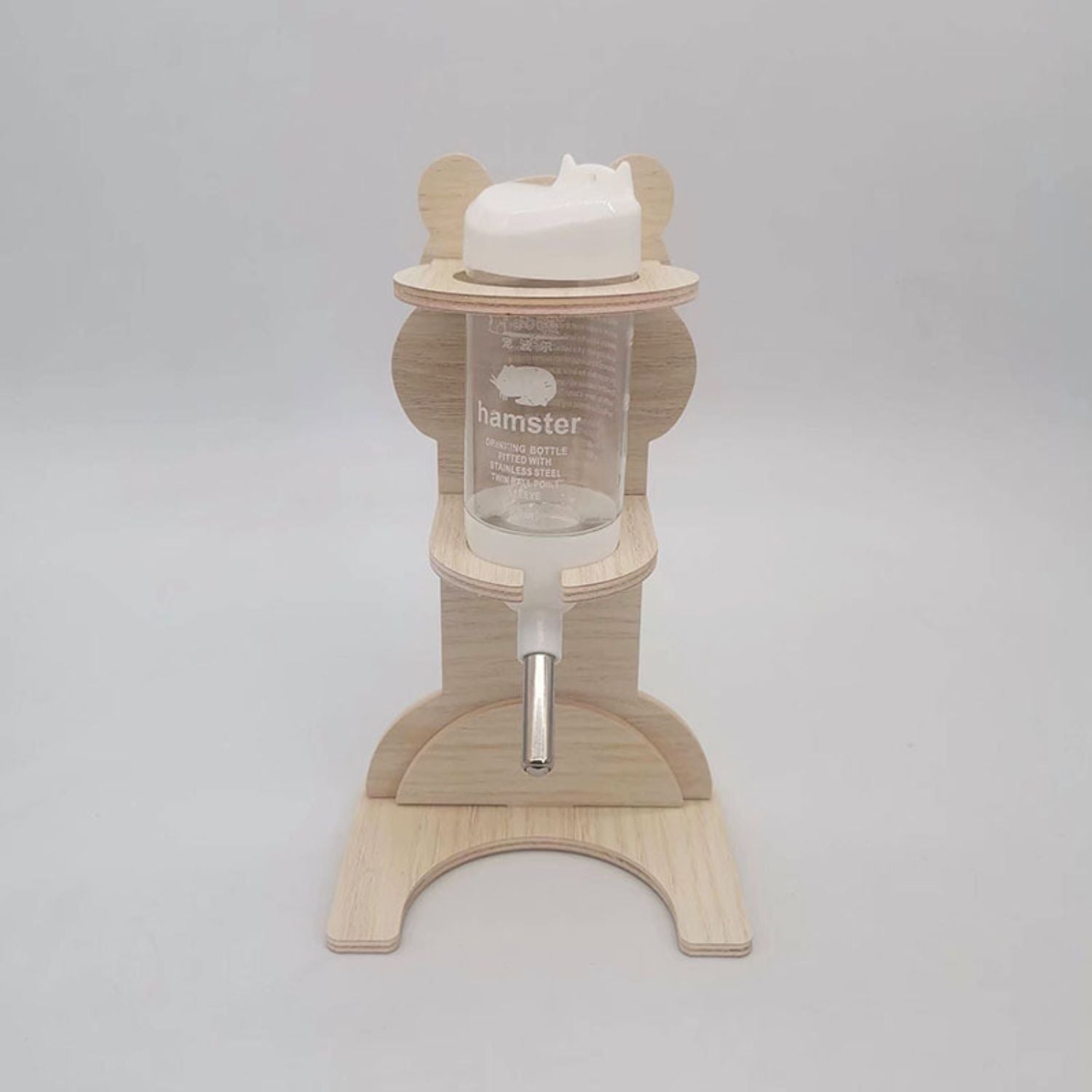 hamster drinkfles houder met korte fles geplaatst in houten houder