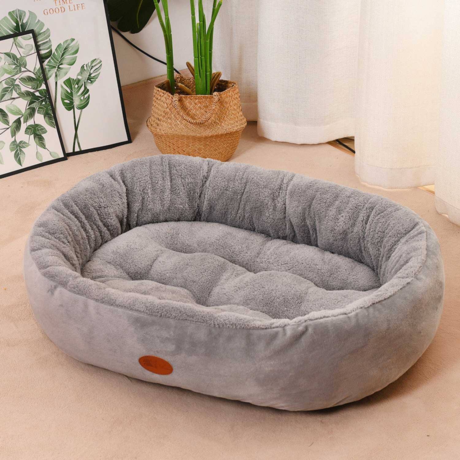 hondenbed winter warm grijs pluche hondenmand ovaal zacht comfortabel