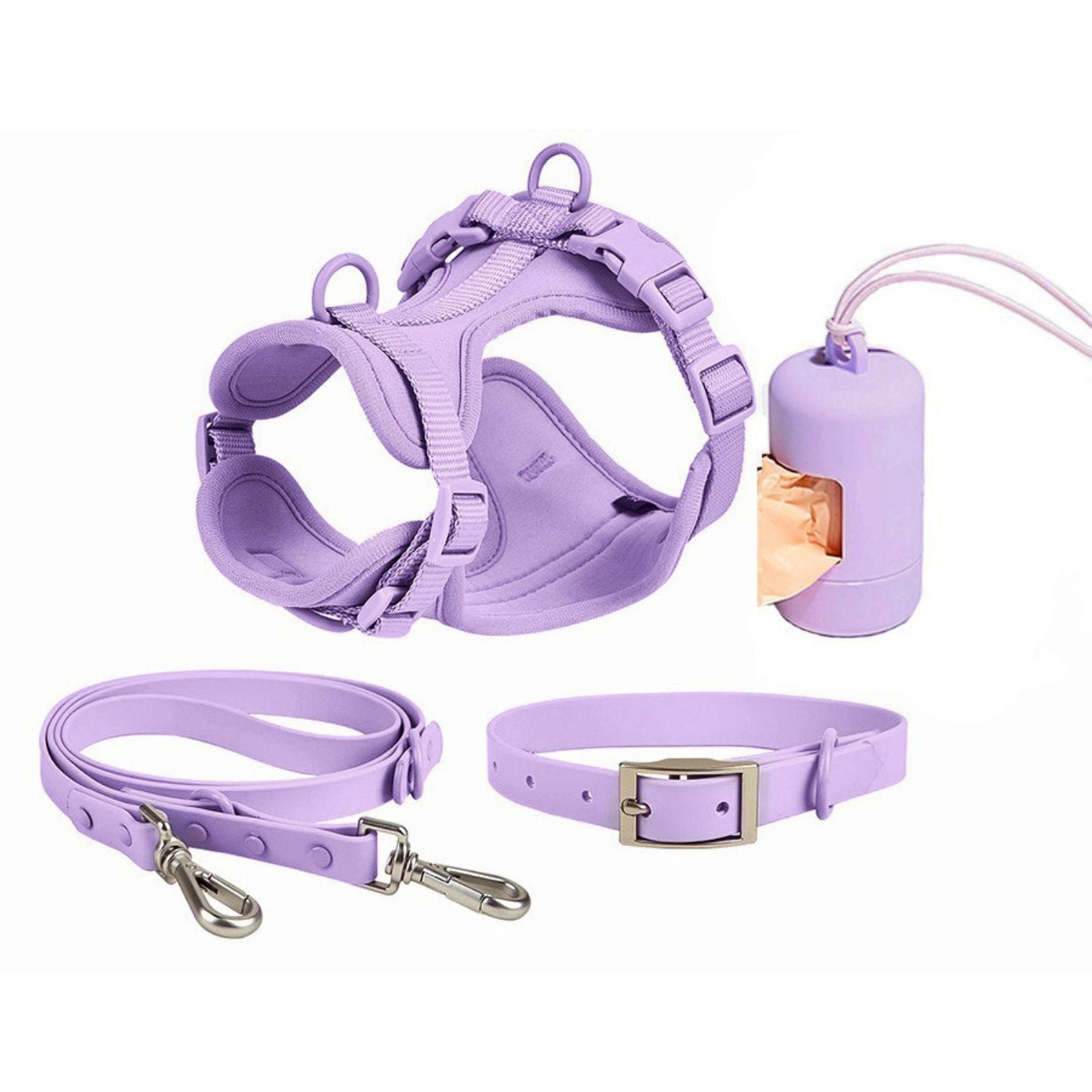 hondenharnas set lavendel puppy harnas leiband halsband en poepzakjeshouder