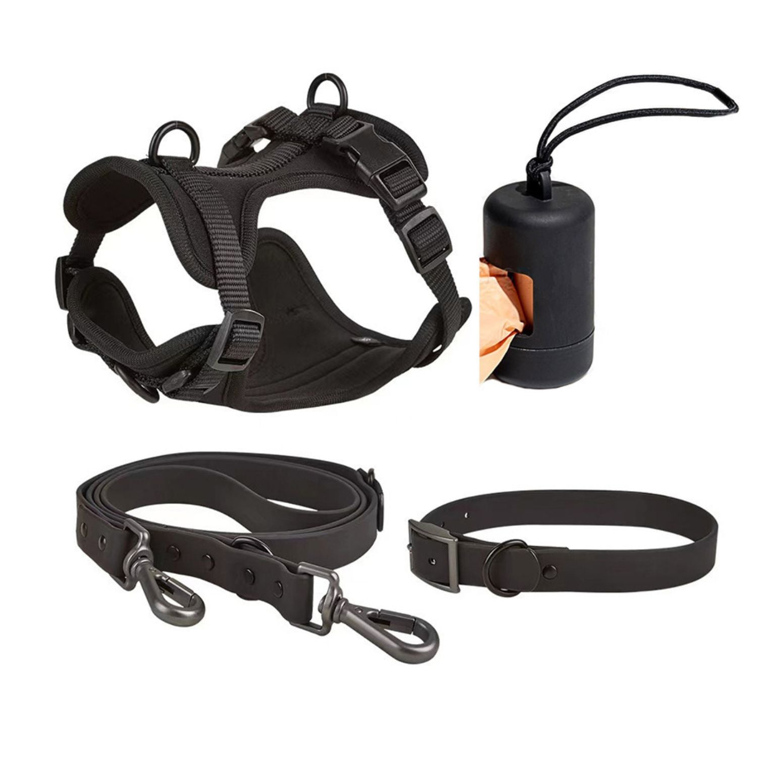 hondenharnas set zwart comfortabel hondenriem harnas halsband met poepzakjeshouder