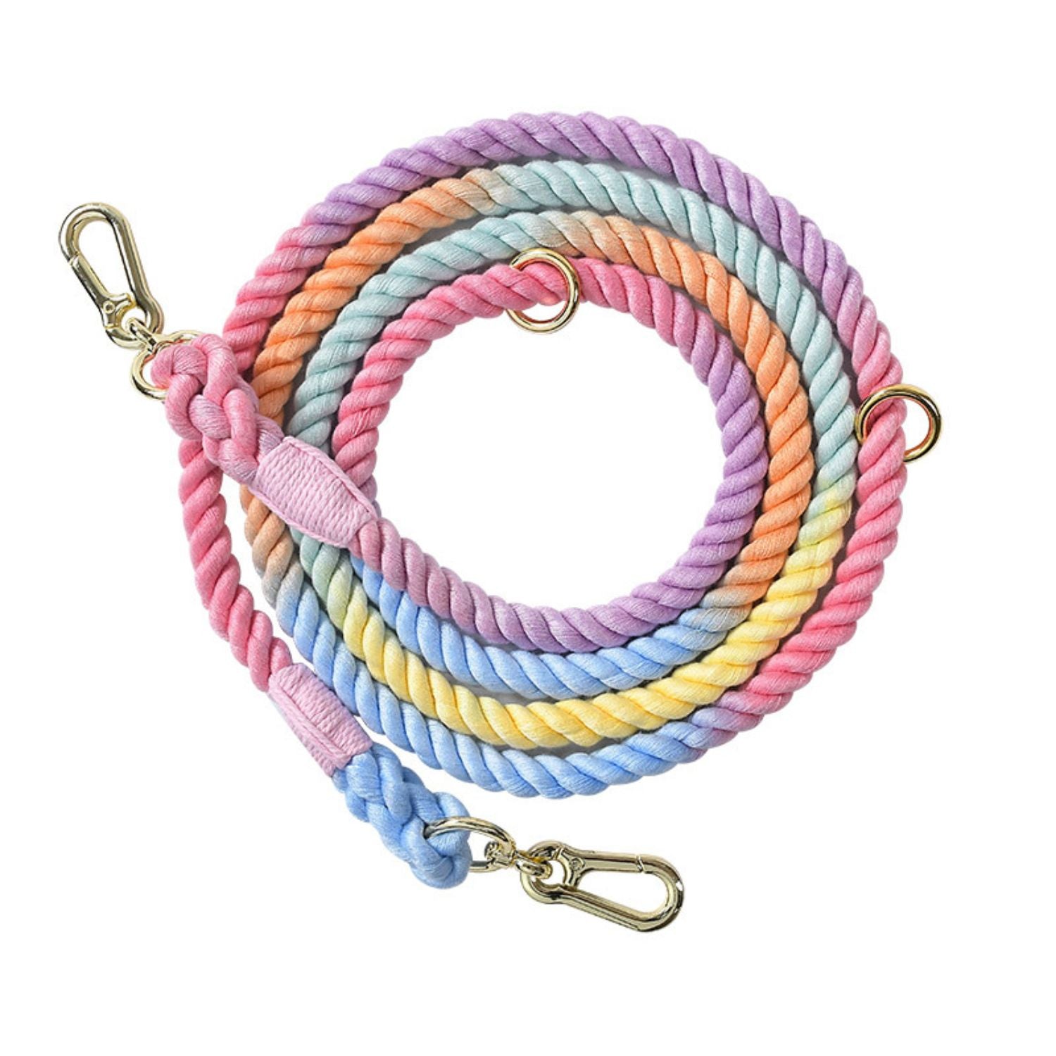 hondenriem dubbele kop pastel rainbow met gouden haken