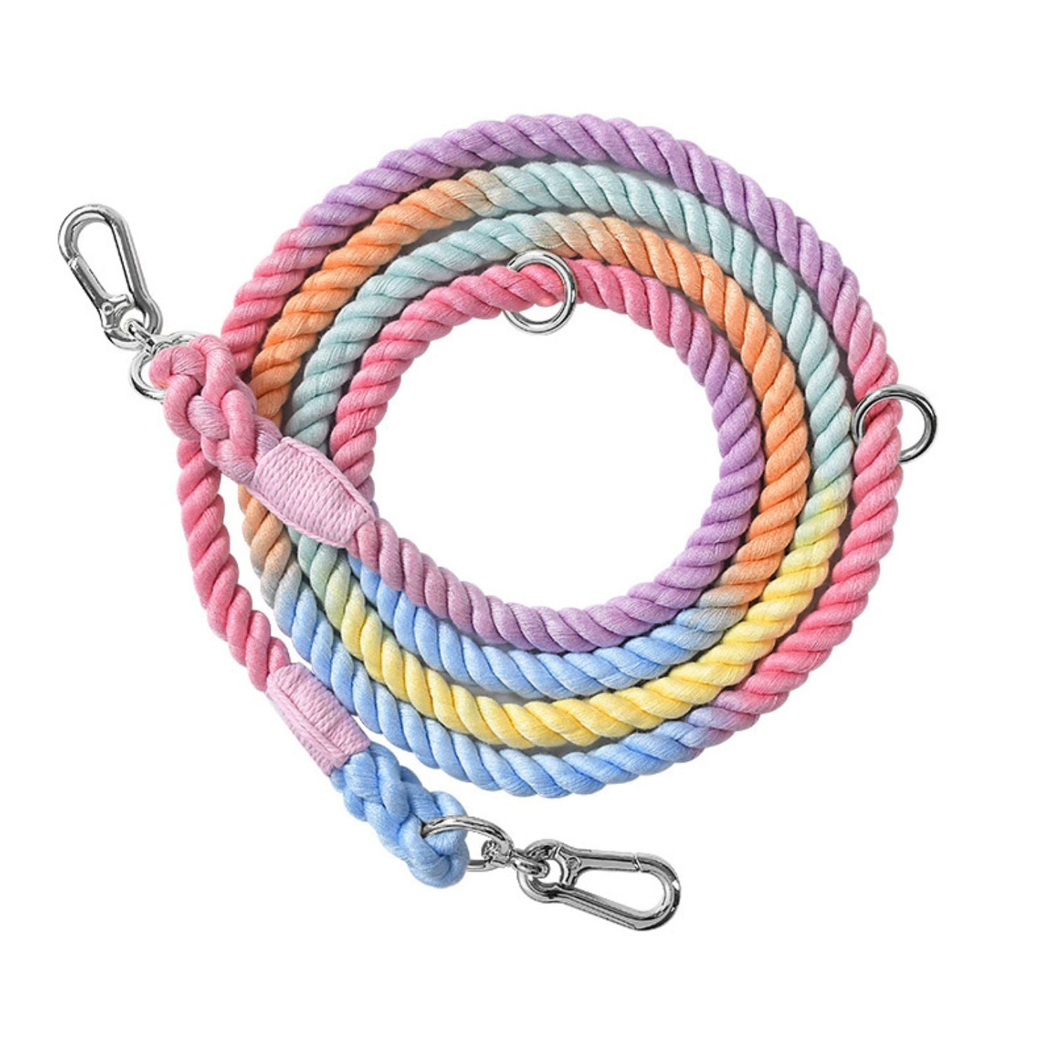 hondenriem dubbele kop pastel rainbow met zilveren haken