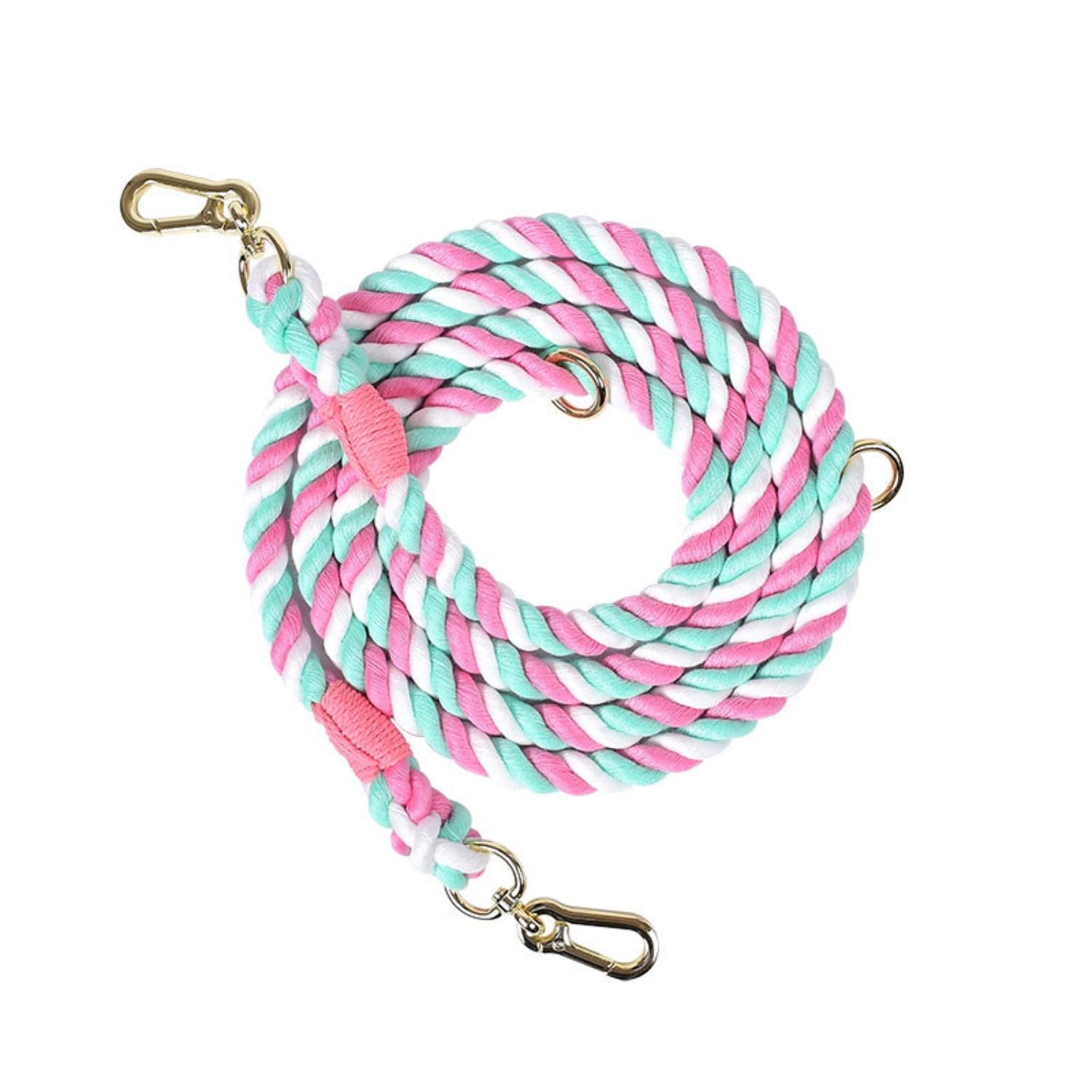 hondenriem dubbele kop roze mint wit met gouden haken