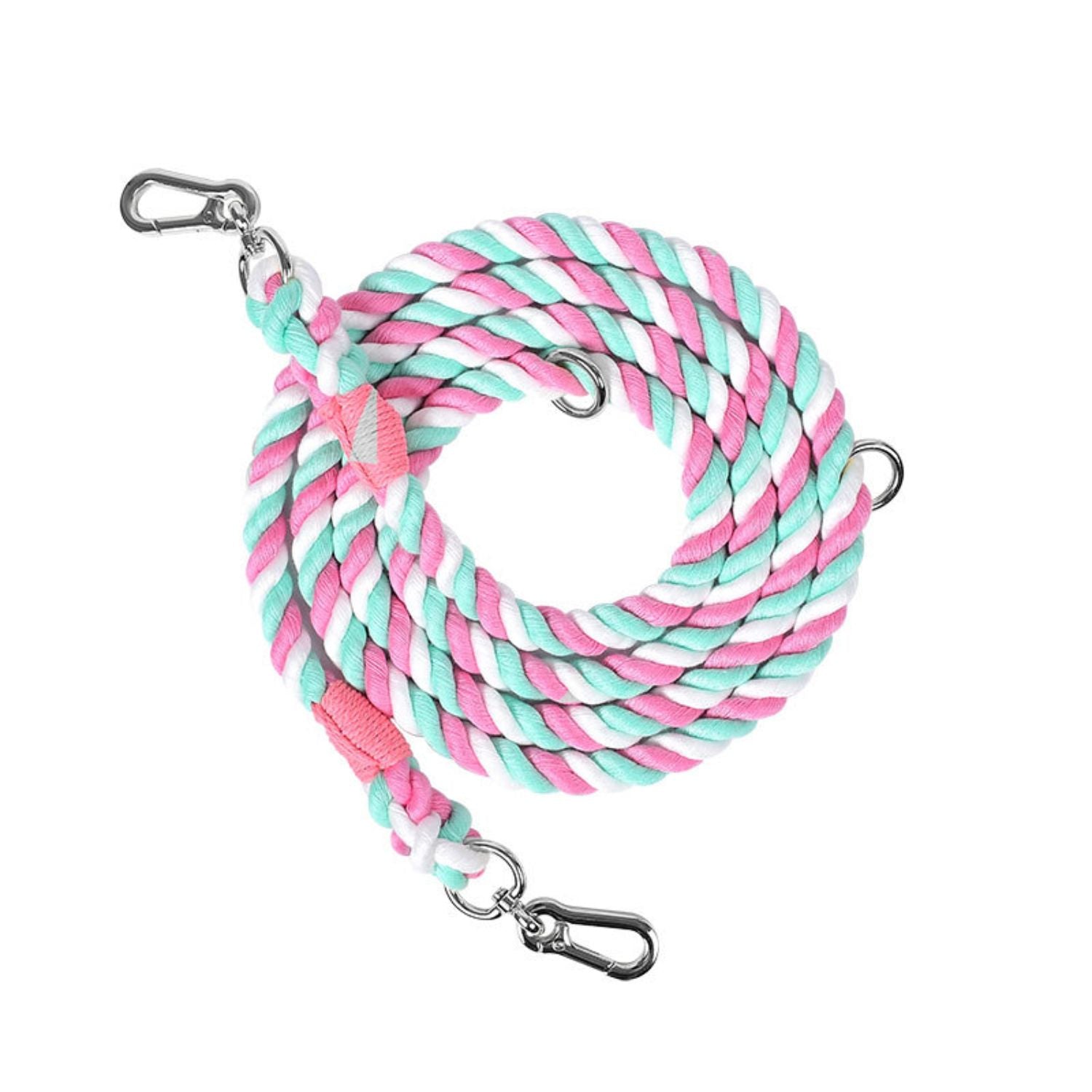 hondenriem dubbele kop roze mint wit met zilveren haken