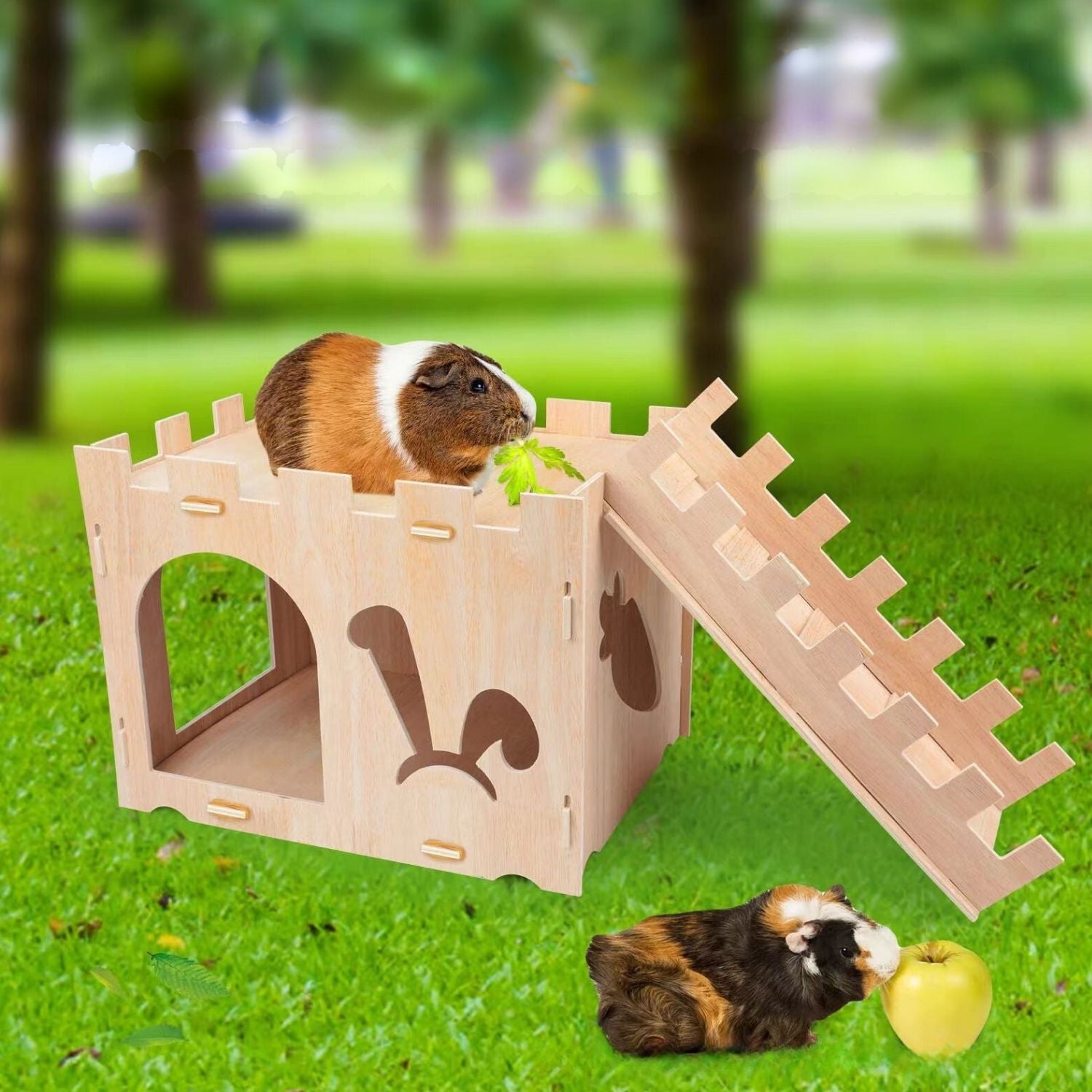 houten konijnenhuis een cavia eet buiten in een houten huisje met een trap erbij terwijl een ander eronder ligt te eten van een appel