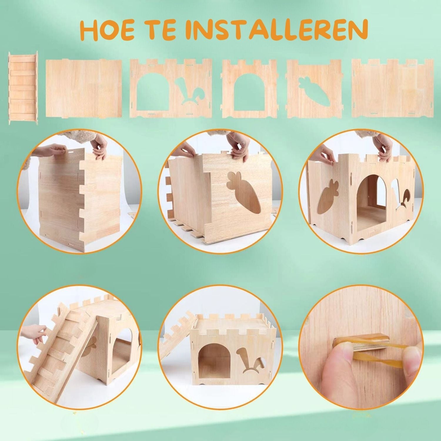 houten konijnenhuis houten huisje voor kleine dieren samenstellen zoals konijnen of cavias volgens duidelijke stappen met plaatjeshandleiding