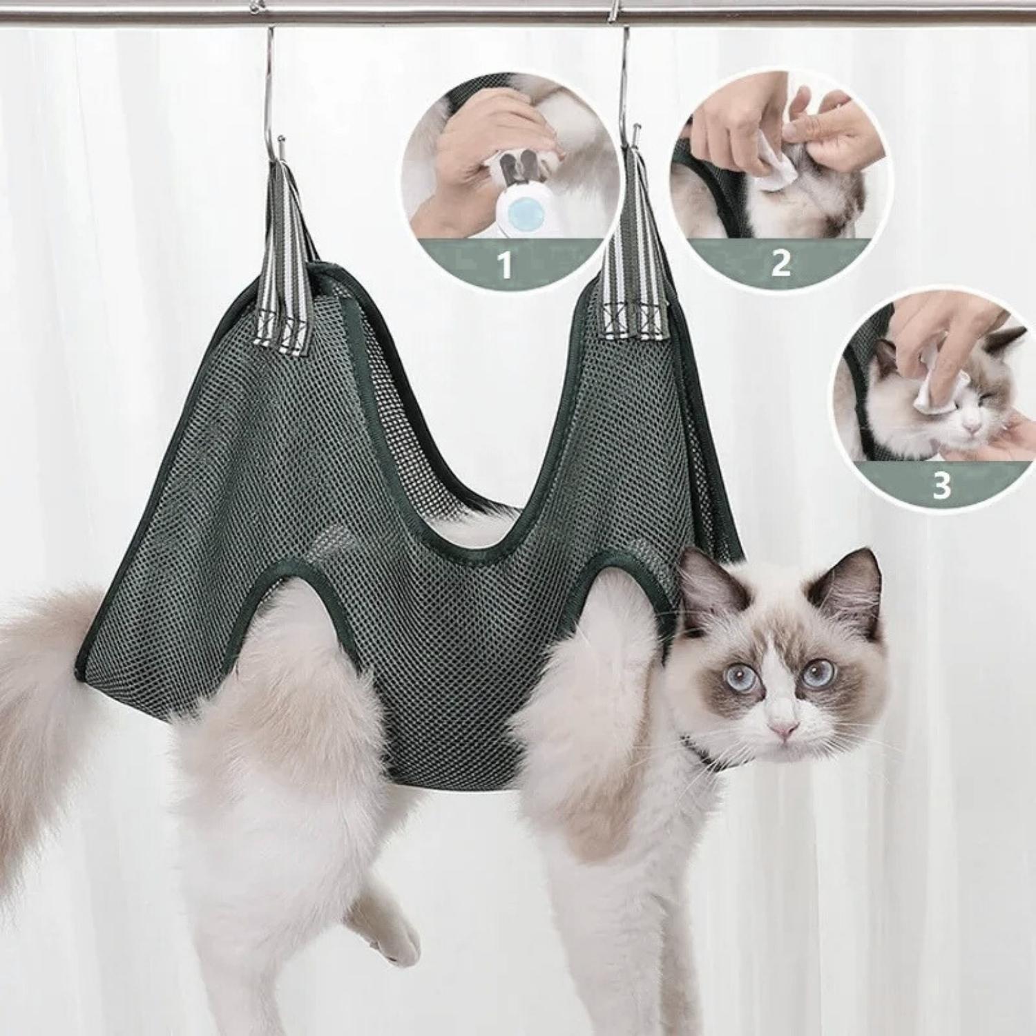 huisdier verzorgingshammock kat in grijze hammock met verzorgingsstappen