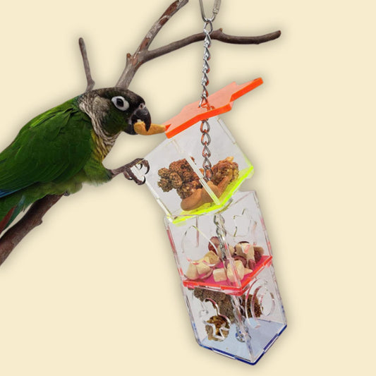 interactief voedsel zoekapparaat vogel eet voer uit hangende kubussen
