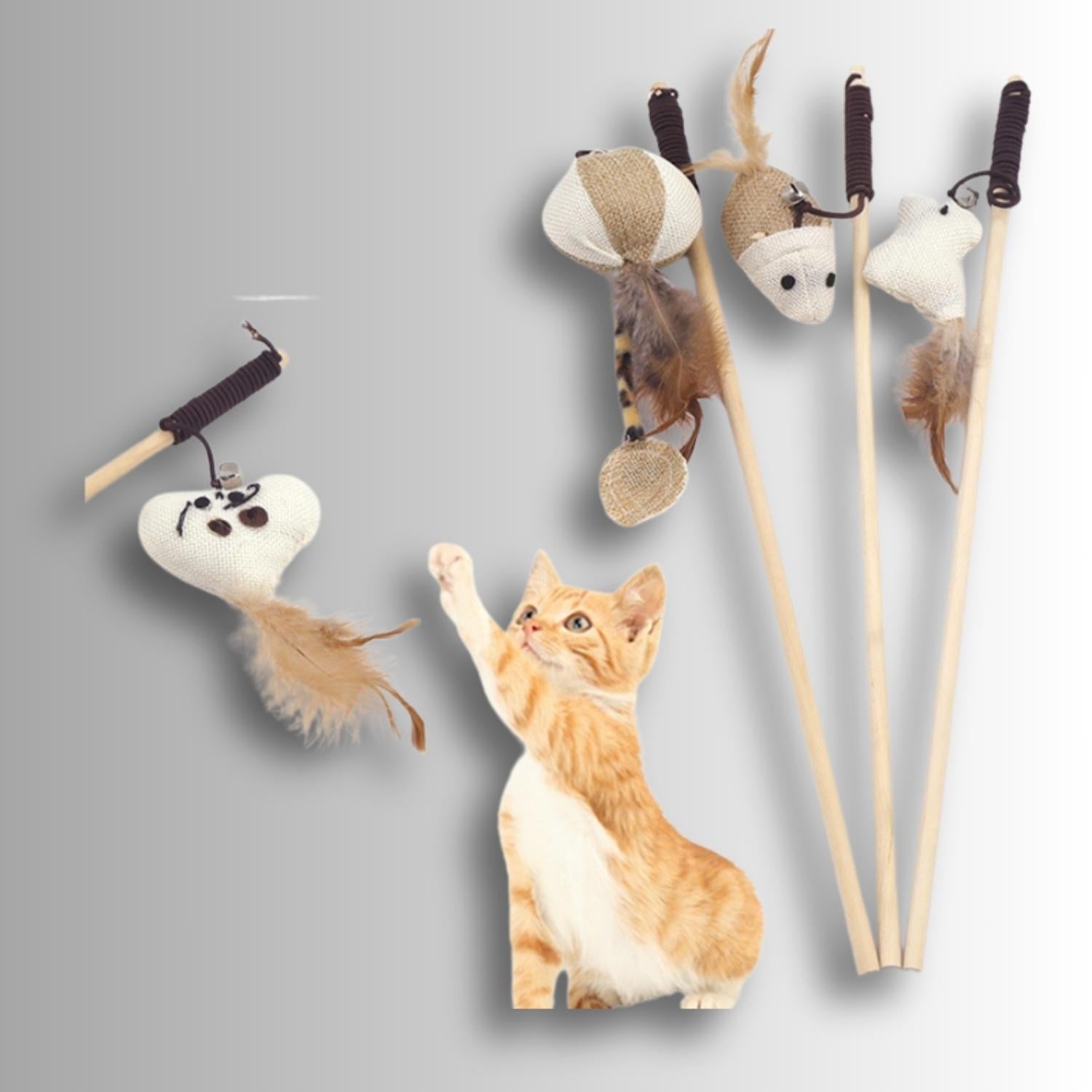 kat speelt met linnen muis hengelstok