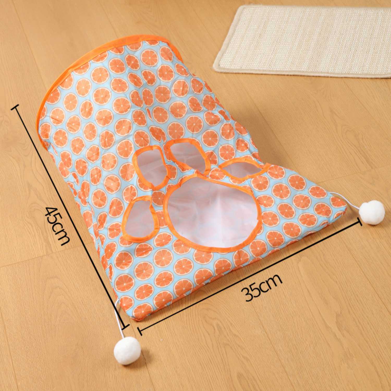 katten tunnelzak met knisper oranje afmeting maat technische tekening