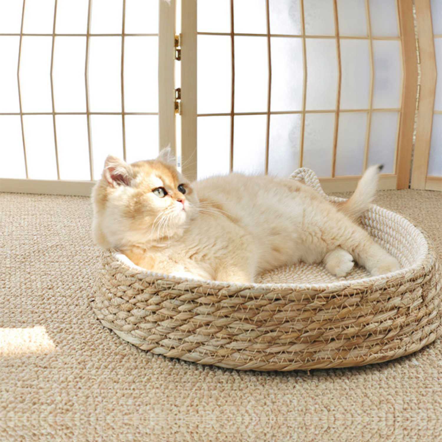 kattenbed groot rattan natuurlijke ronde mand met katvorm oren en kat
