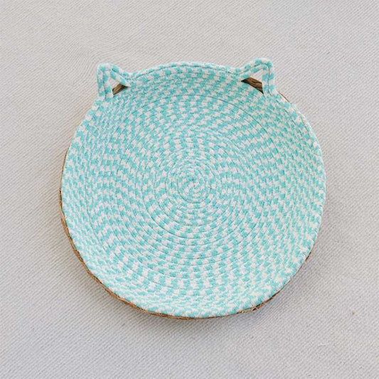 kattenbed groot rattan ronde mand met katvorm oren blauw